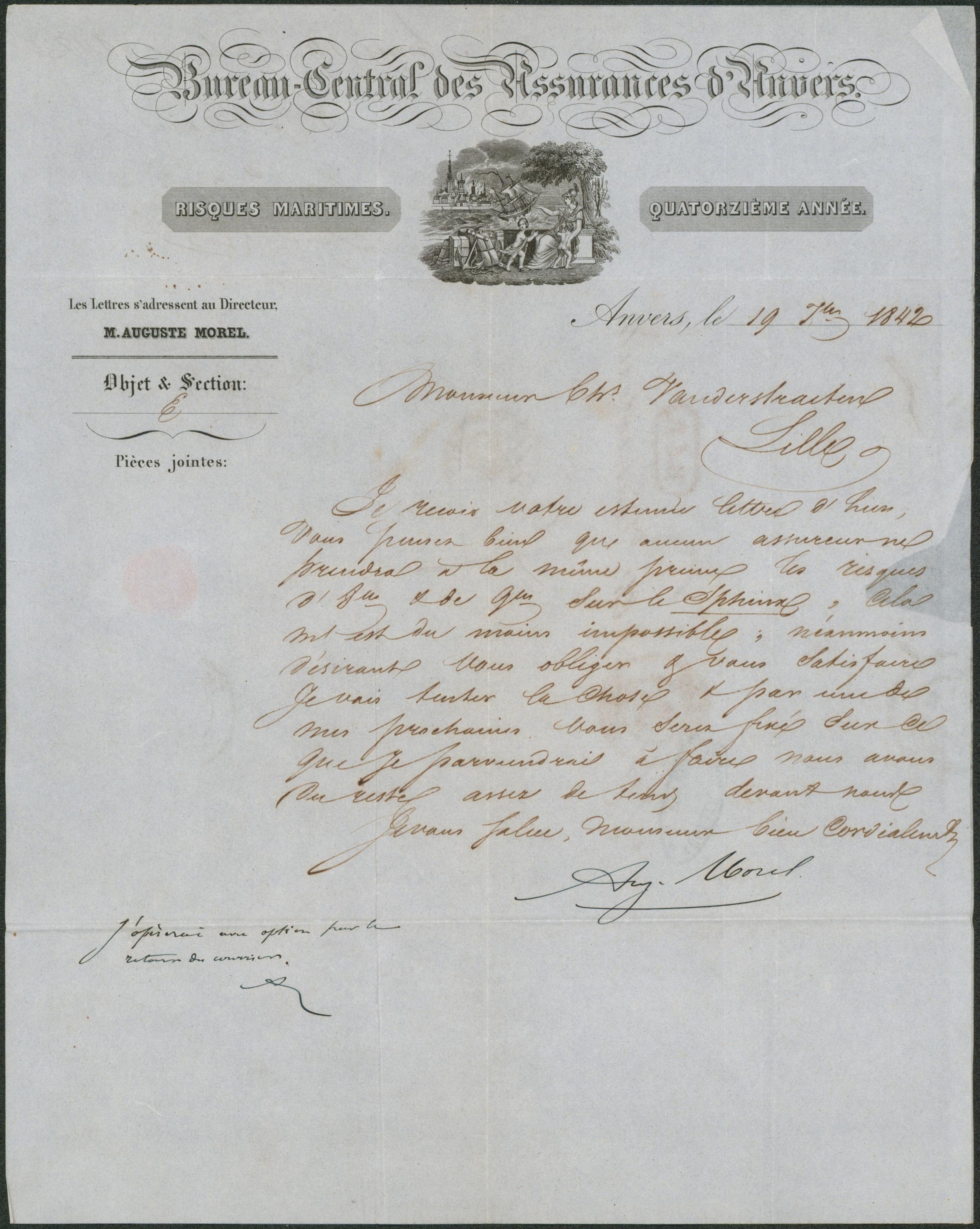 LAC illustrée (Bureau central des assurances d'Anvers) datée de Anvers (1842) + cachet dateur, port manuscrit et encadré "B.4.R." > Lille.