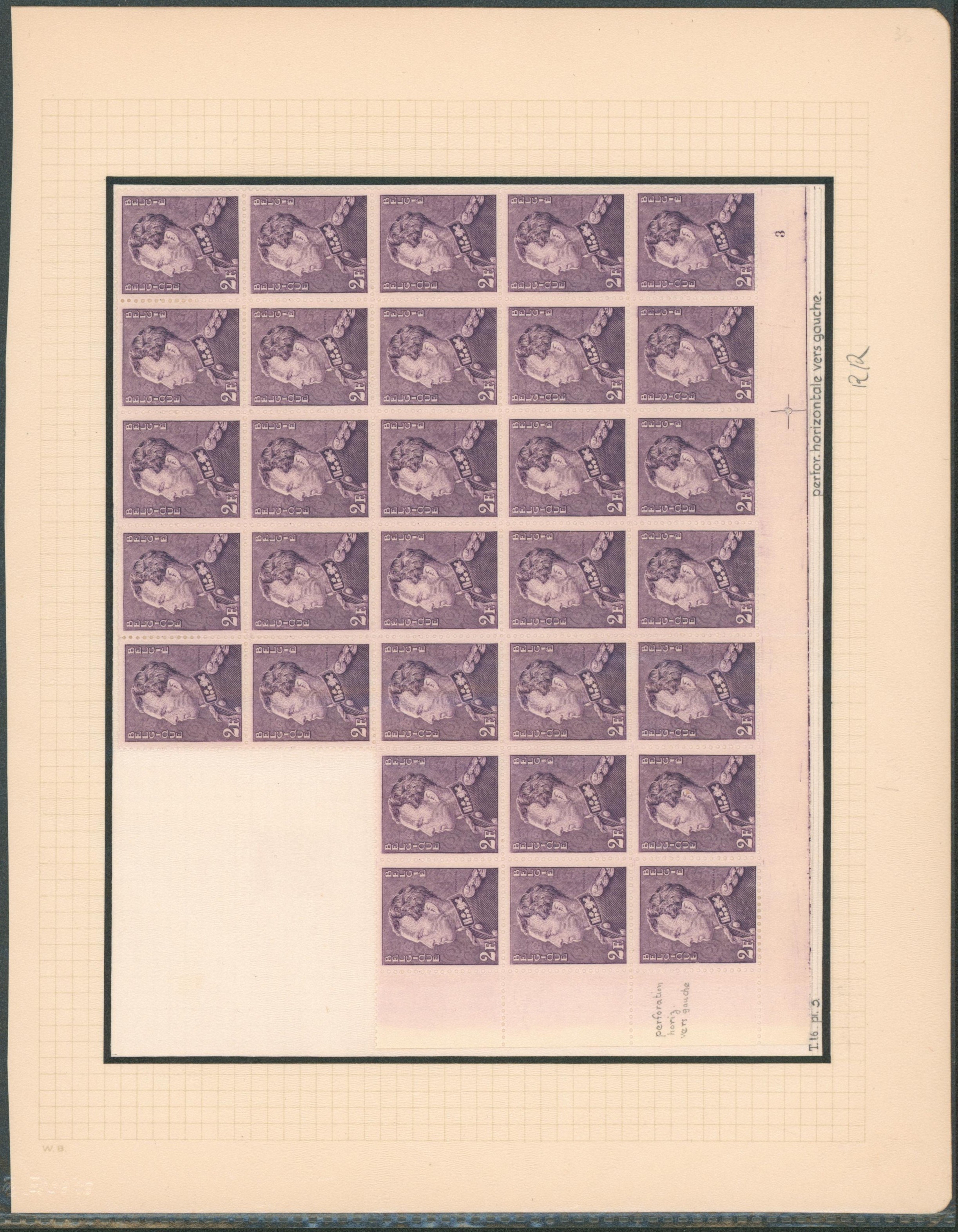 Page de collection - Poortman n°431 (Tirage 16) morceau de feuille, bloc de 31 TP perforatiion horizontale vers gauche, n° de planche 3