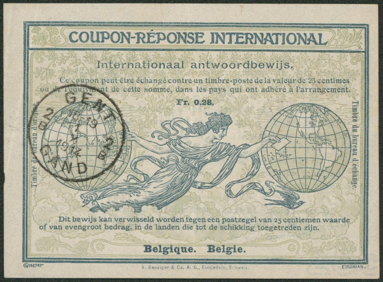 Coupon-réponse international (Belgique Fr 0.28) obl simple cercle "Gent / Gand" (1914)
