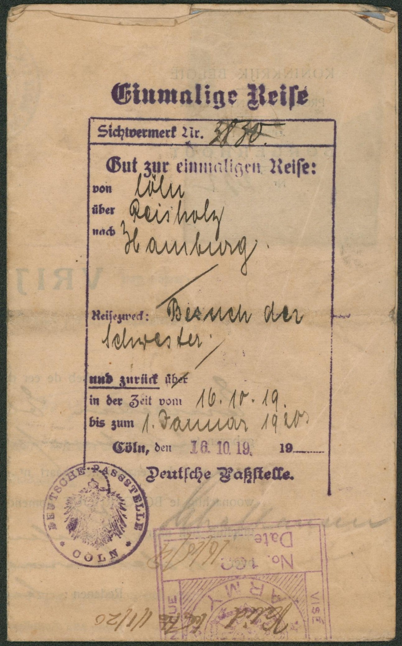 Provincie Antwerpen (Borgerhout) Vrijgeleide / Laissez-passé délivré par la sureté militaire belge (groupe de Cologne) > Après Welkenraedt. Cachet violet "Mission militaire belge, le chef de mission H.Q. British Army"