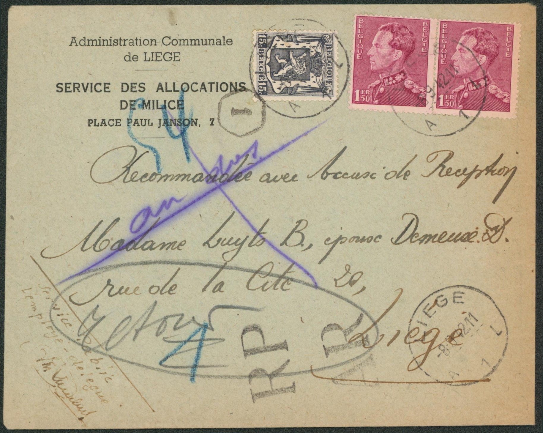 n°421 et 429 en paire sur lettre en recommandé (adm. Communale de liège, service des milice) + griffe RP et AR > Liège / inconnu