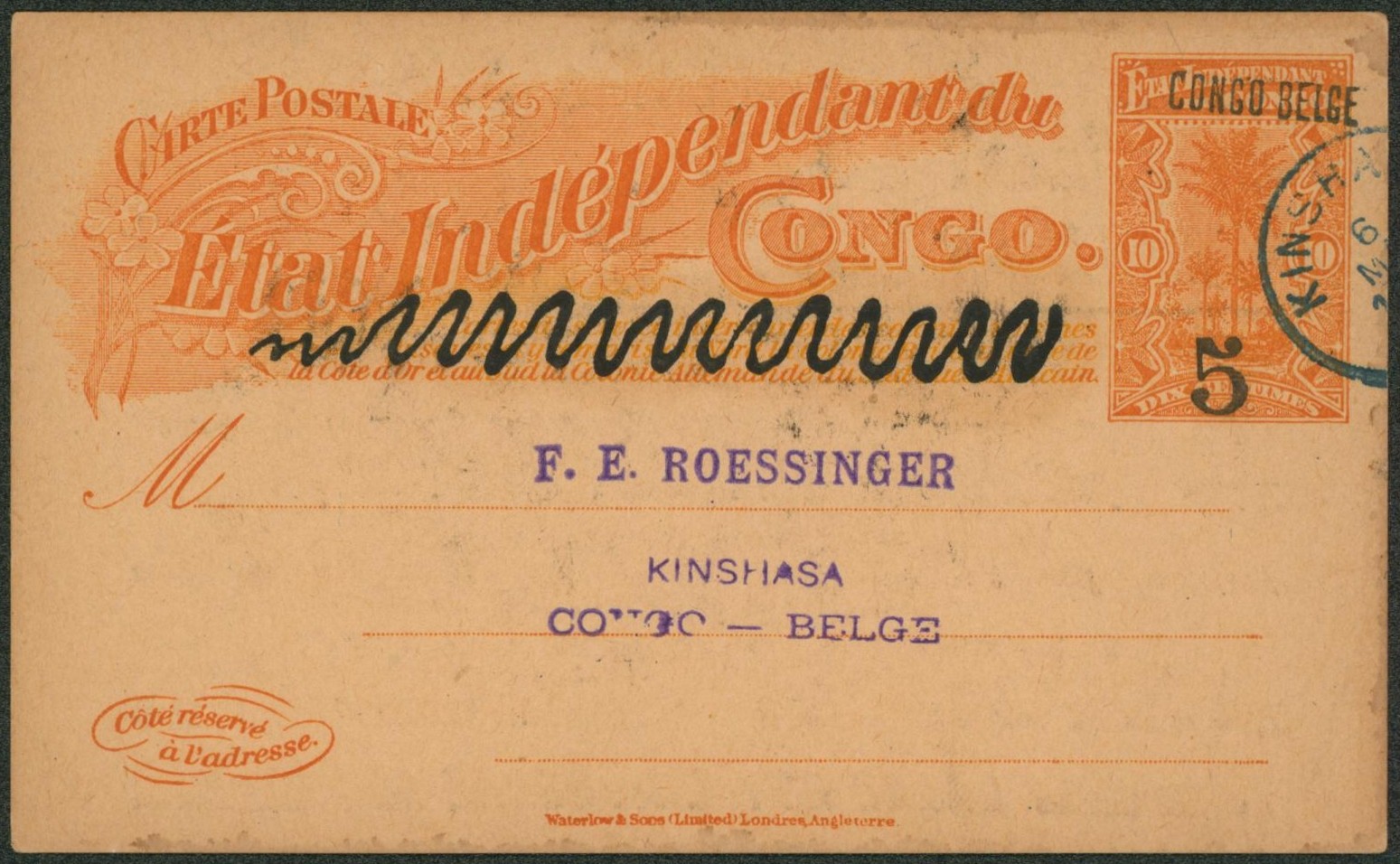 Congo Belge - EP au type SBEP n°32 (5 sur 10C rouge-orange) cachet privé hotel de kinshasa A.B.C. + repiquage au verso ! (thèmes)