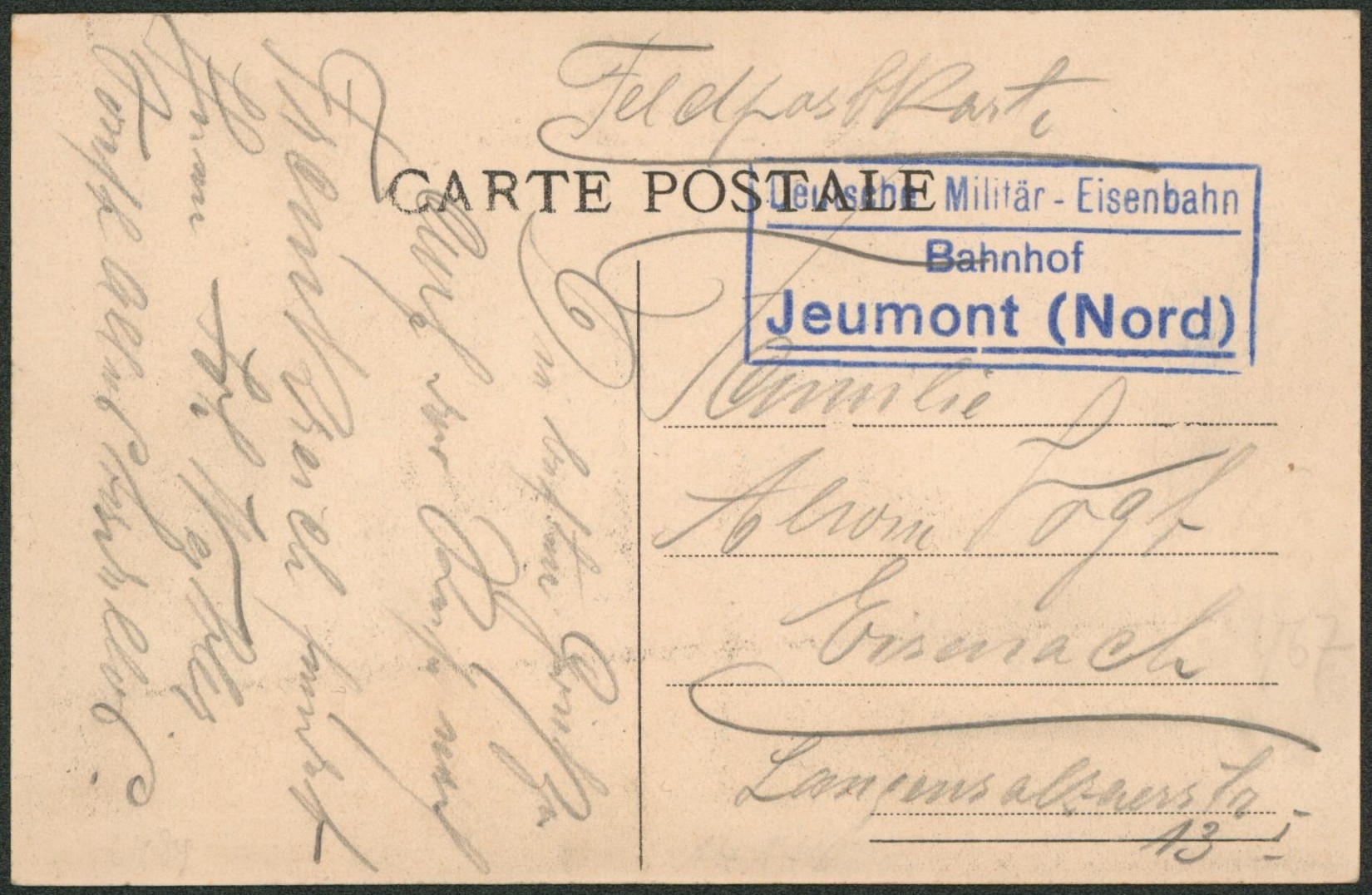 CP en Feldpost + grand encadré "Bahnhof Deutsche militar-Eisenbahn JEUMONT (nord)" > Eisenbach