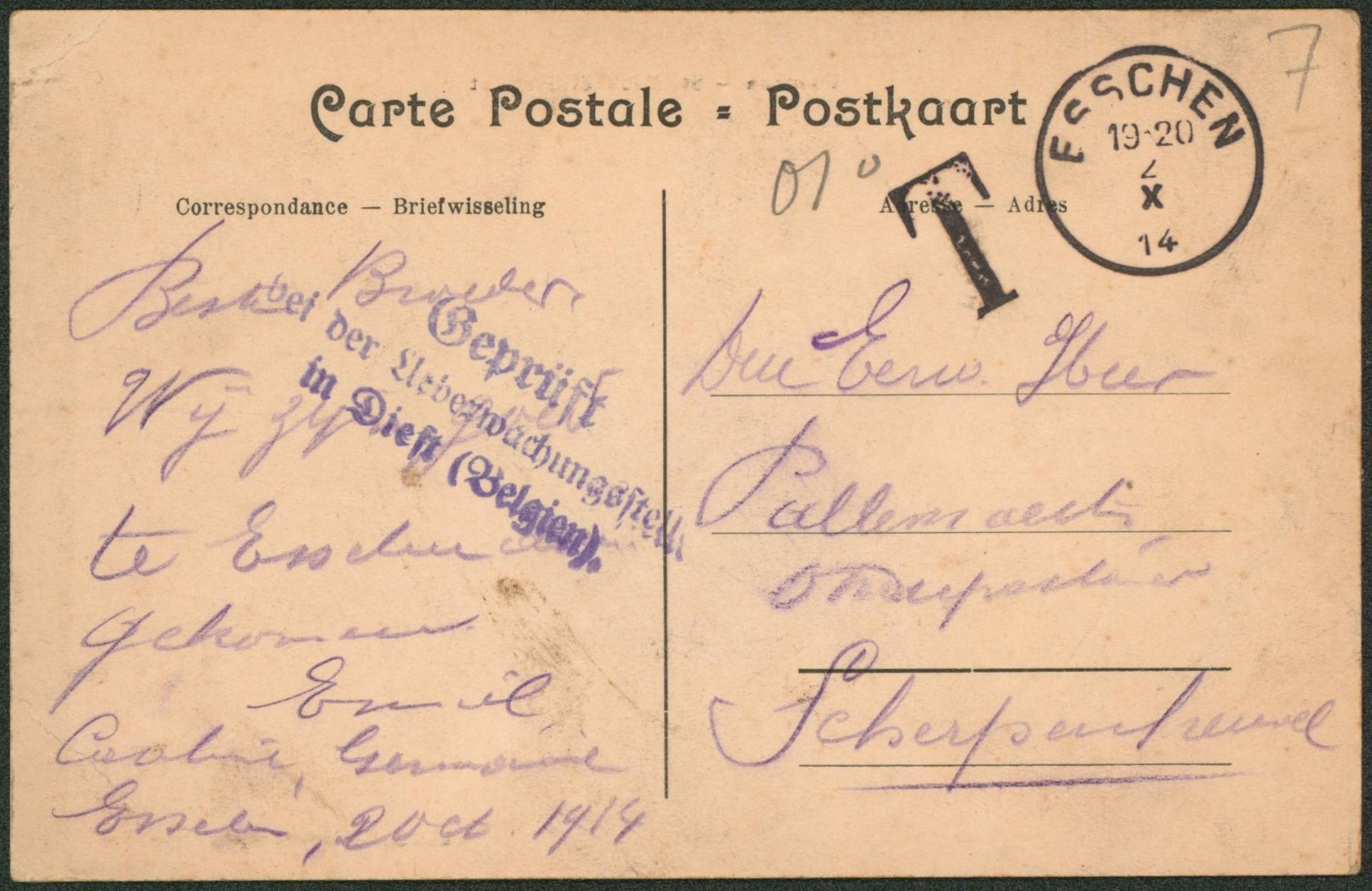 CP en franchise expédié de Esschen (2/x/14) + censure de Diest > Scherpenheuvel. µ