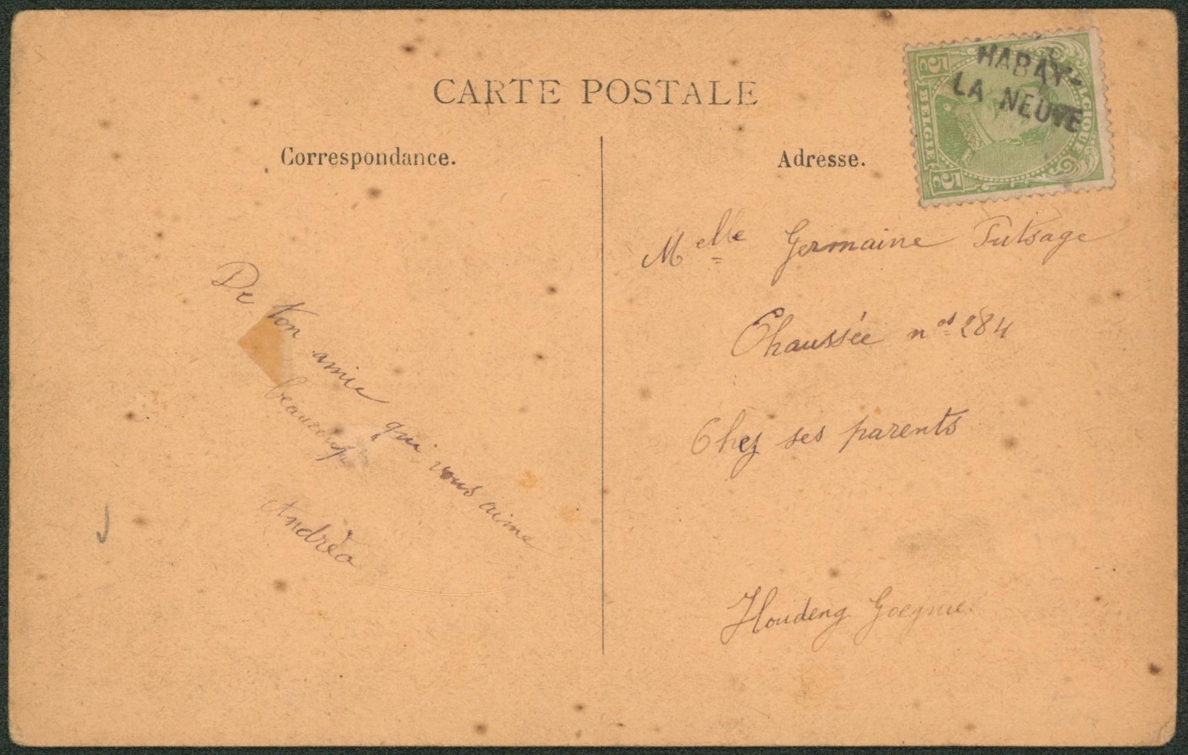 Albert I - n°137 sur CP annulé par griffe de fortune HABAY-LA-NEUVE > Houdeng-goegnie.