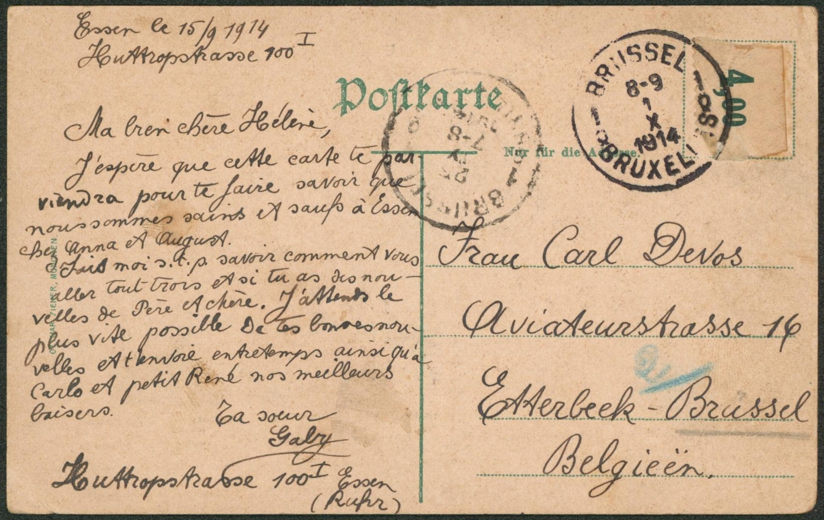 CP en franchise expédié de Essen > Etterbeek çàd Bruxelles 1/10/14, début de la guerre WWI.
