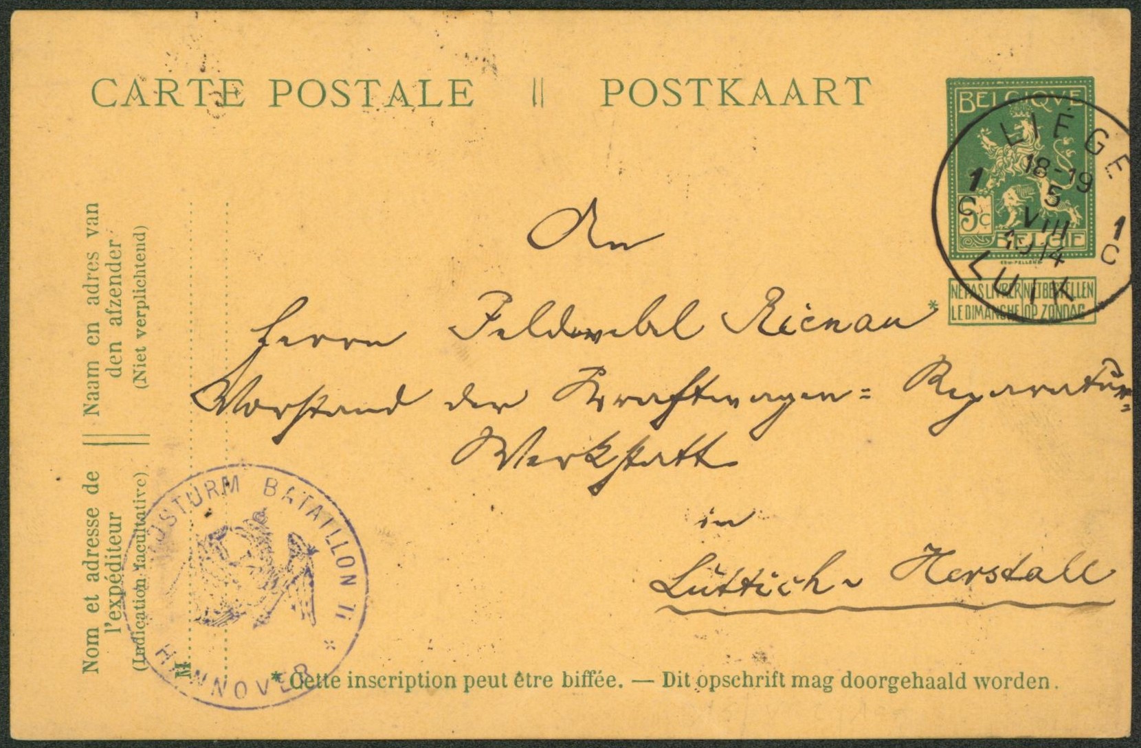 EP au type Pellens 5ctm vert expédié de Liège / Luik + cachet de régiment (Hannover) > luttich.