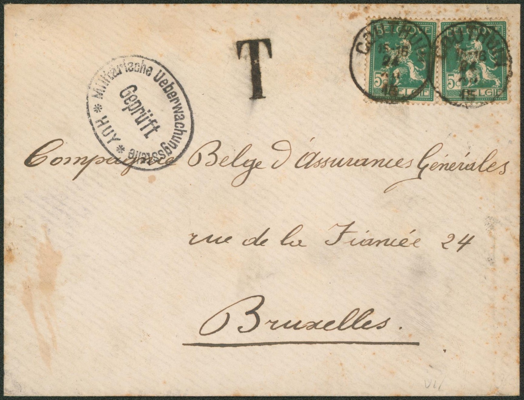 Pellens - 110 x2 sur lettre expédié de Couthuin + censure de Huy > Bruxelles / Taxé, WWI.