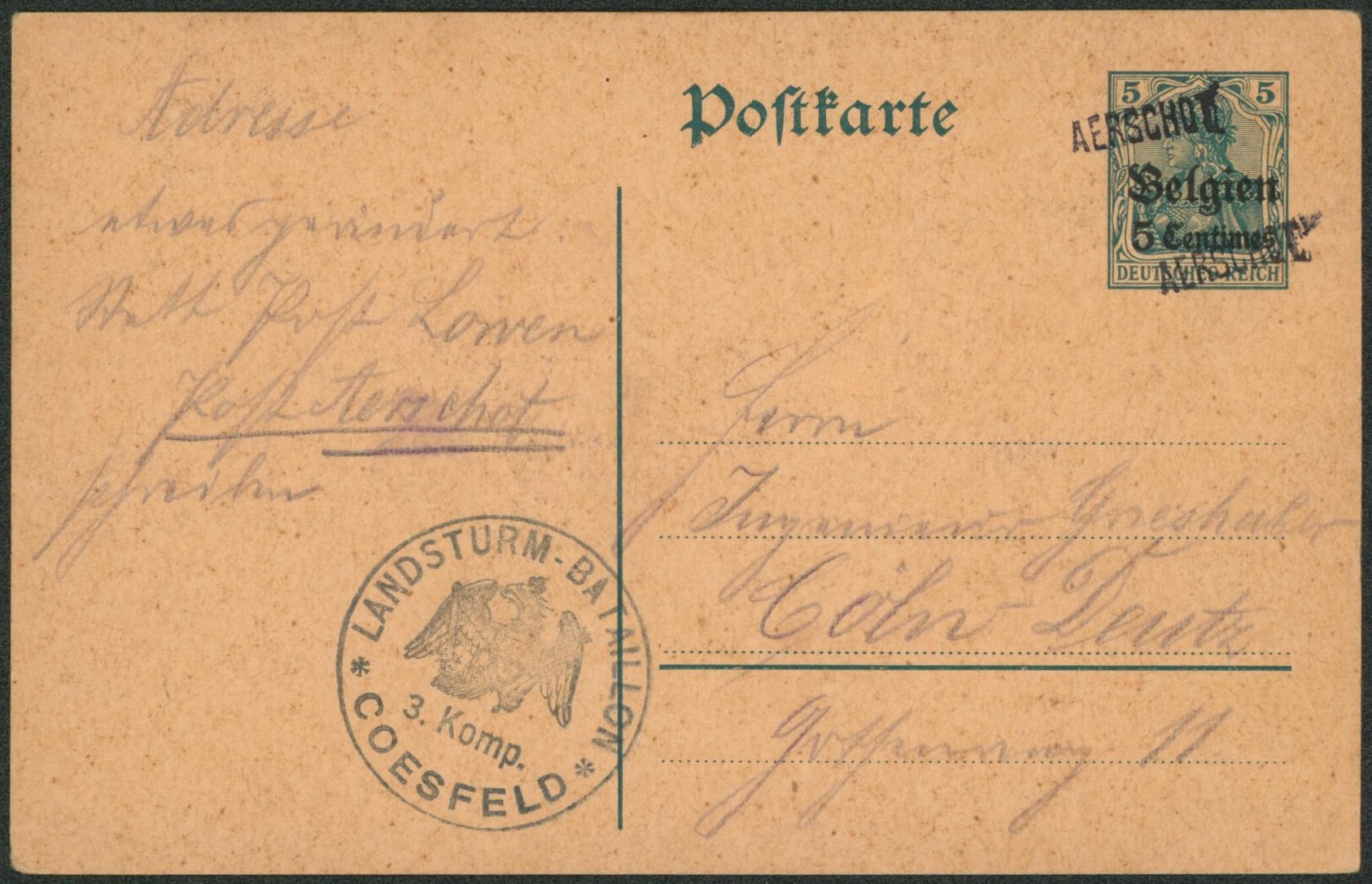 EP au type 5ctm vert, cachet de bataillon "Landsturm-Bataillon / Coesfeld", annulé par griffe linéaire AERSCHOT x2 > Coln (Allemagne)