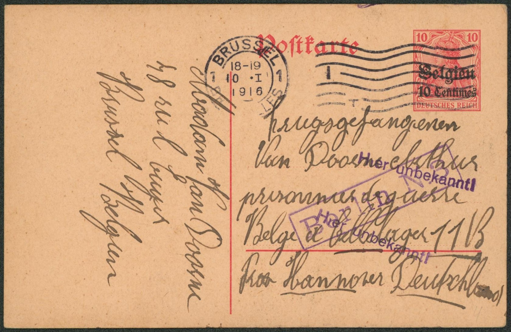 EP au type 10ctm rouge obl mécanique "Brussel / Bruxelles" > Prisonnier de guerre (Cellelager) par Hannover (Allemagne) + griffe "Hier unbekanntl" (inconnu)