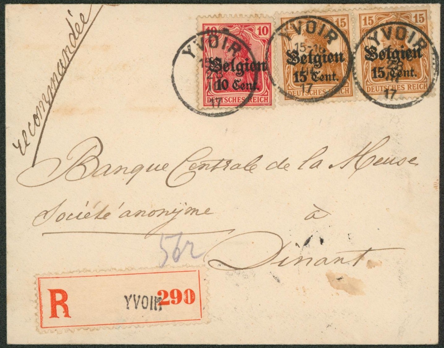 OC14 et OC15 x2 sur lettre en recommandé de Yvoir > Dinant