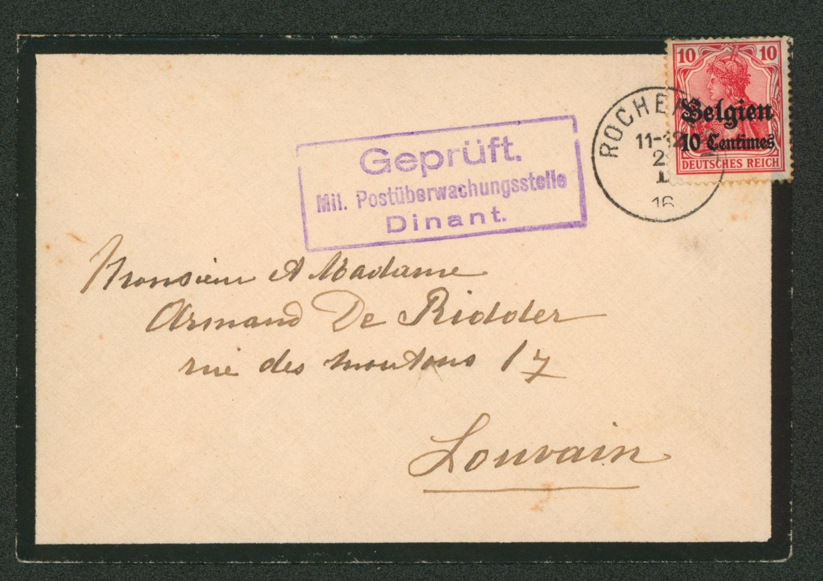 OC3 sur lettre obl simple cercle "Rochefort" > Louvain