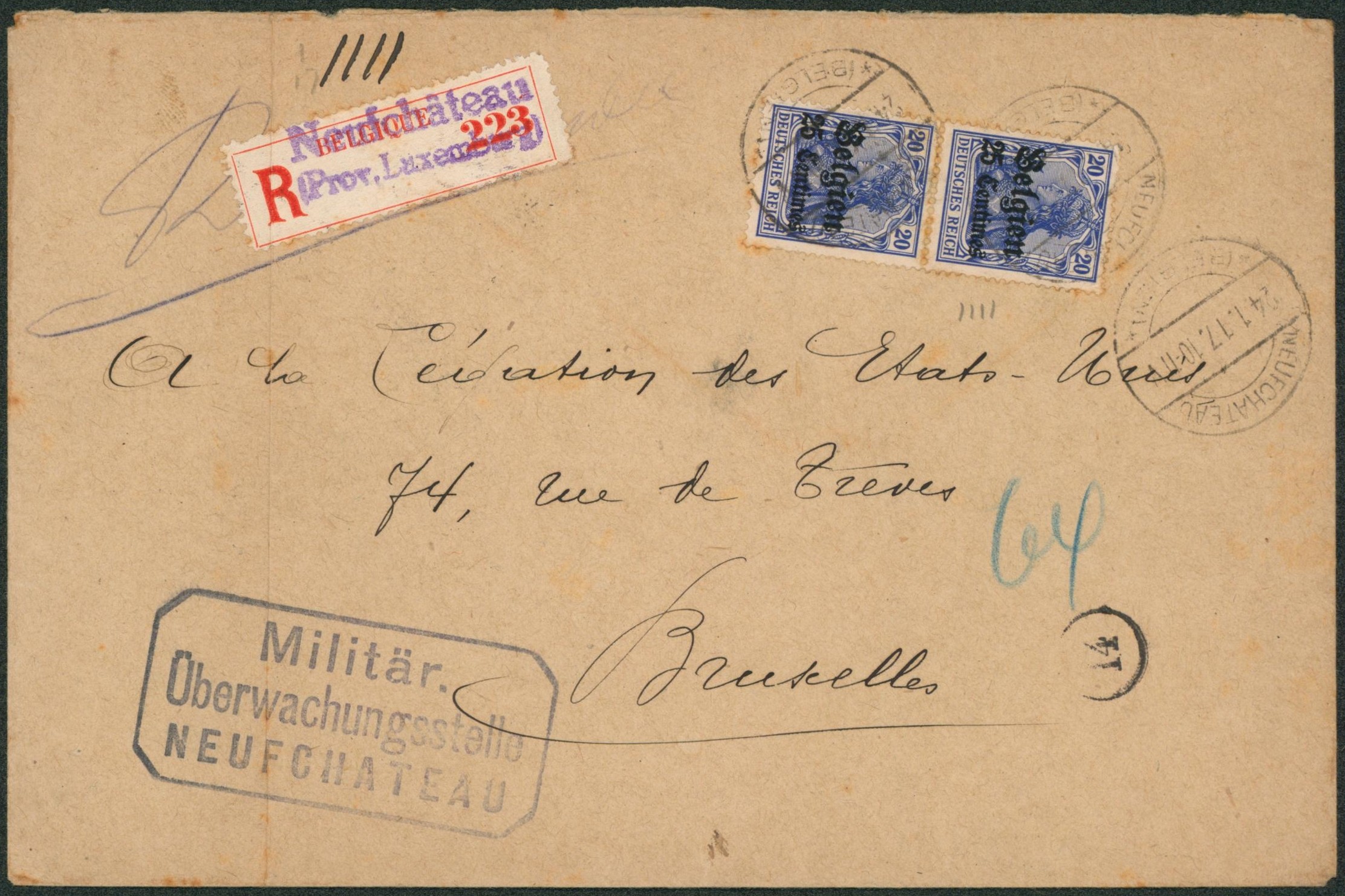 OC4 en paire sur lettre en recommandé de Neufchateau > Bruxelles. Grande censure au verso !