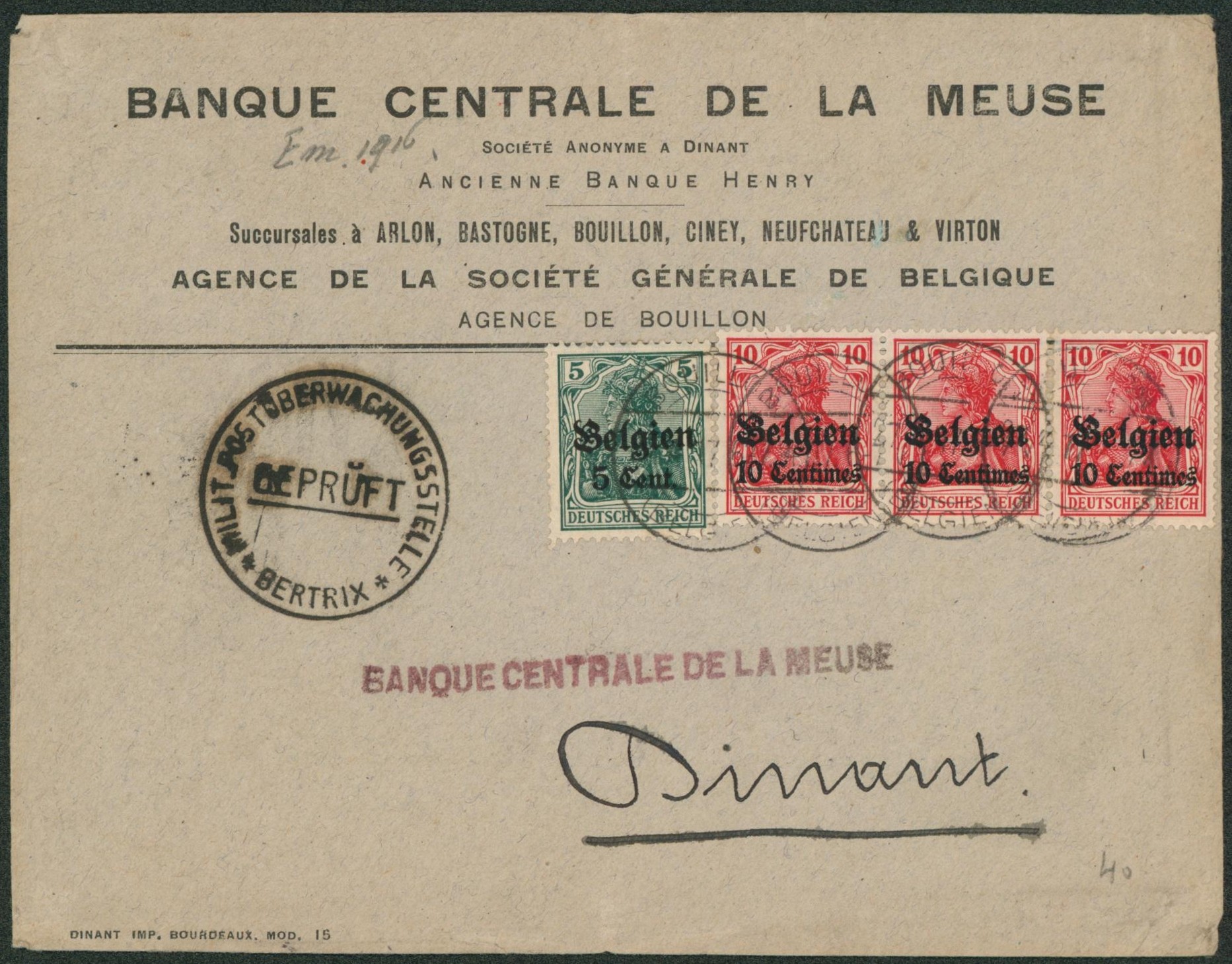 OC3 x3 et OC11 sur lettre obl à pont "Bouillon" > Dinant