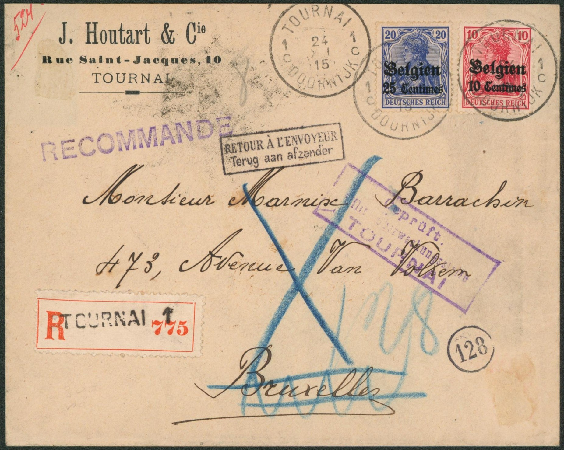 OC3 et OC4 sur lettre en recommandé de Tournai > Bruxelles / Retour à l'envoyeur, non réclamé, asbent.