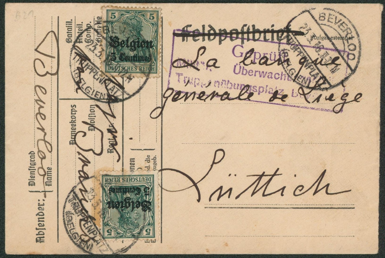 OC2 x2 sur feldpostbrief (biffé) obl à pont "Beverloo" > Luttich.