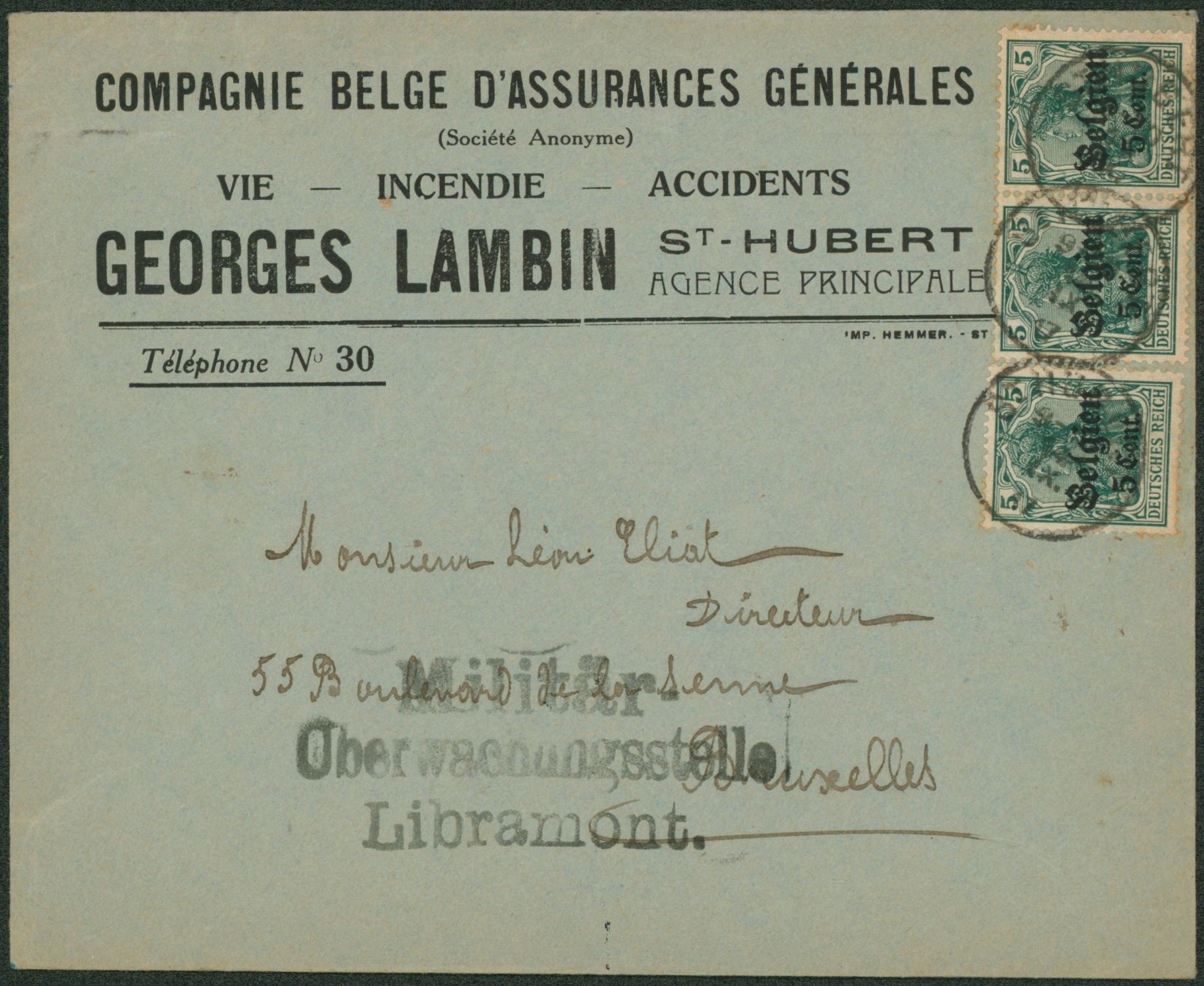 OC12 x3 sur lettre à en-tête obl simple cercle "St-Hubert" + censure Libramont > Bruxelles