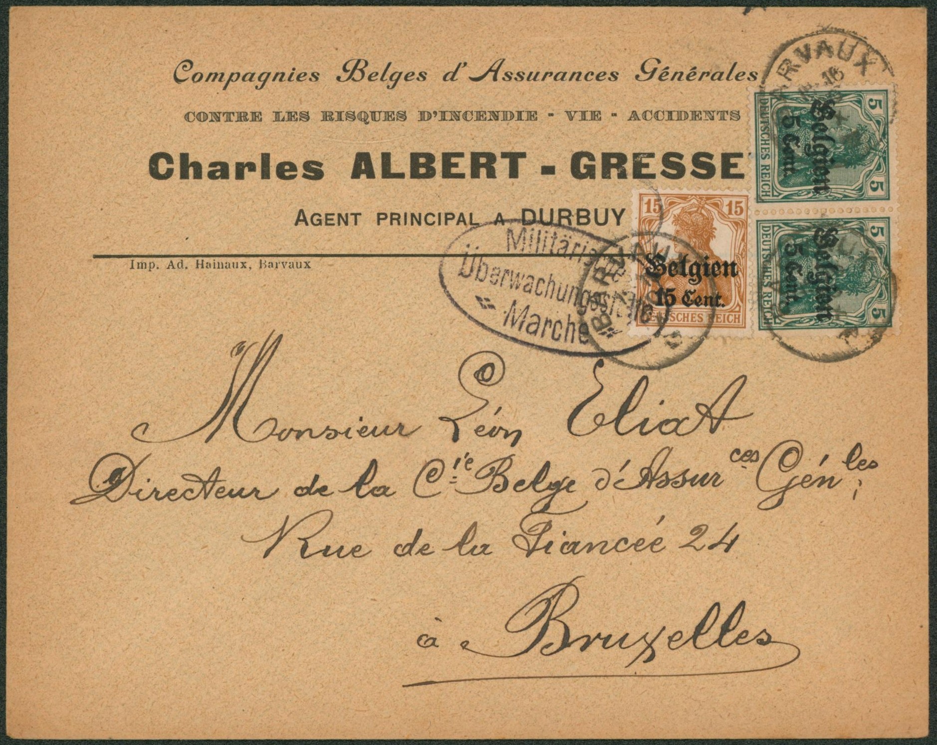 OC12 x2 et OC15 sur lettre à en-tête (Durbuy) obl simple cercle "Barvaux" > Bruxelles