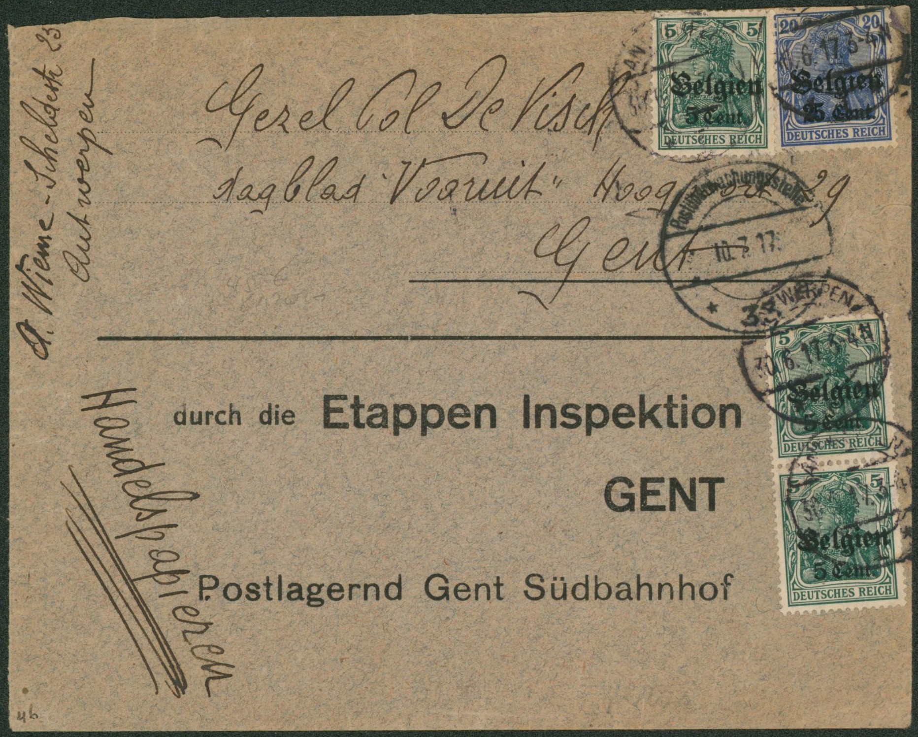 OC12 x3 et OC18 sur lettre (etappen-Inspektion gent) obl à pont Antwerpen > Gent / gepruft G.21