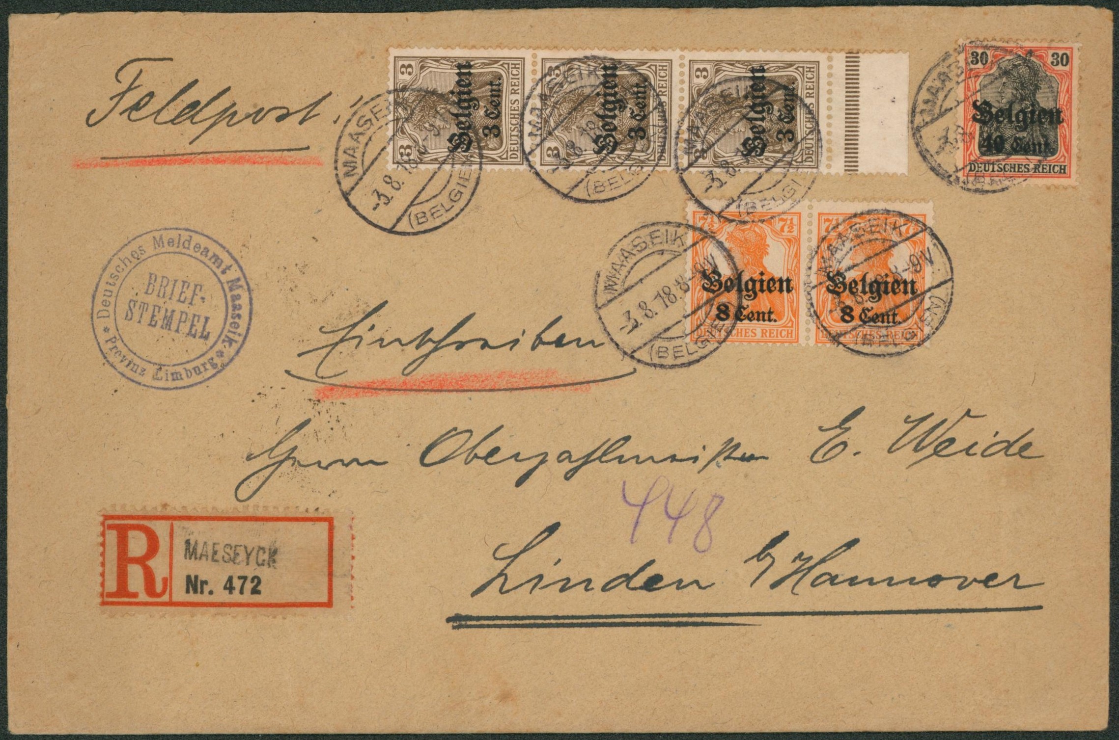 OC11 x3, OC15 x2 et OC 19 sur lettre en recommandé de Maeseyck + briefstempel > Liden (Allemagne)