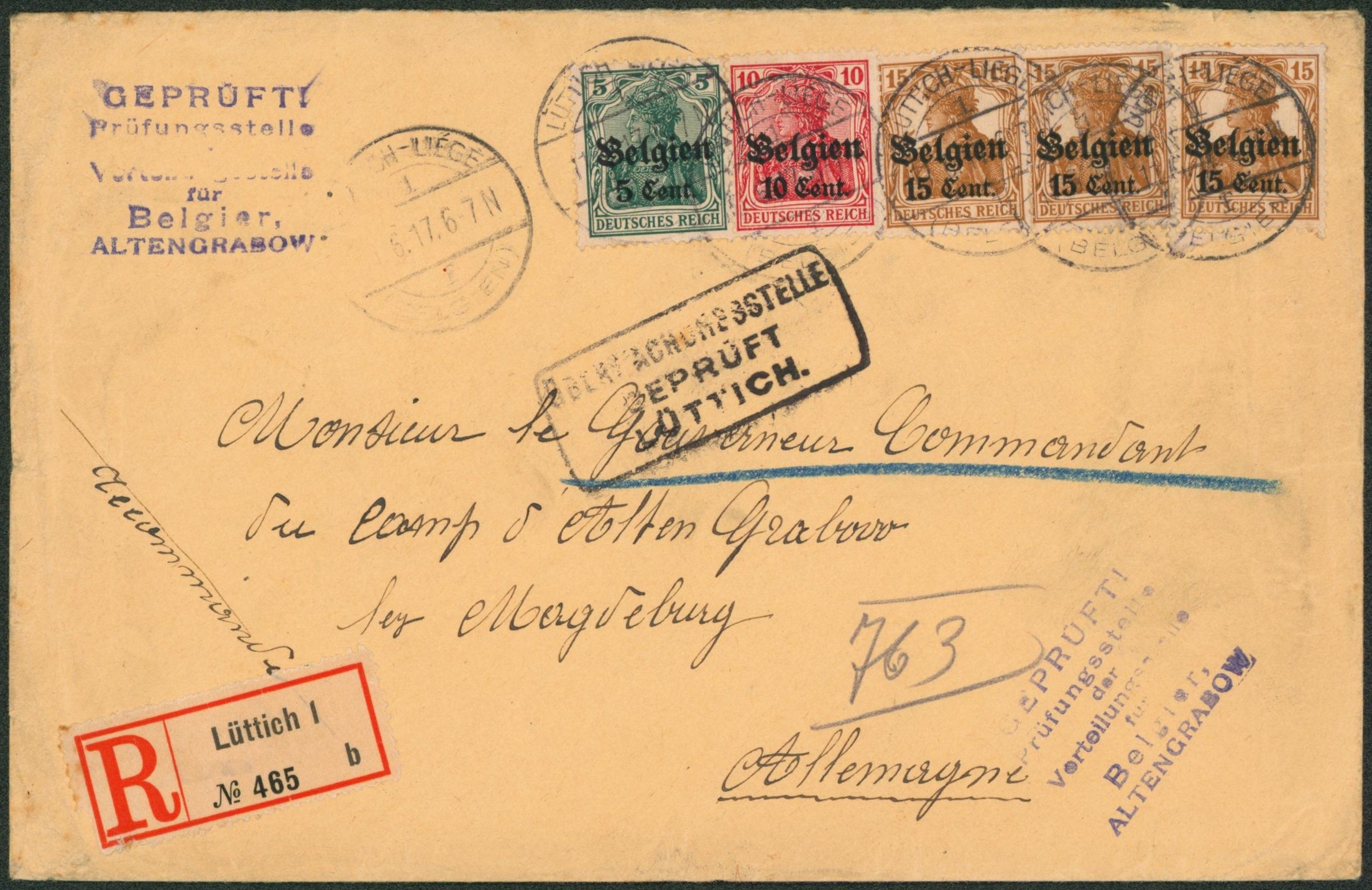 OC12, OC14 et OC15 x3 sur lettre en recommandé de Luttich + double censure > Gouverneur commandant du camp d'Alten Grabow (Magdeburg, Allemagne).