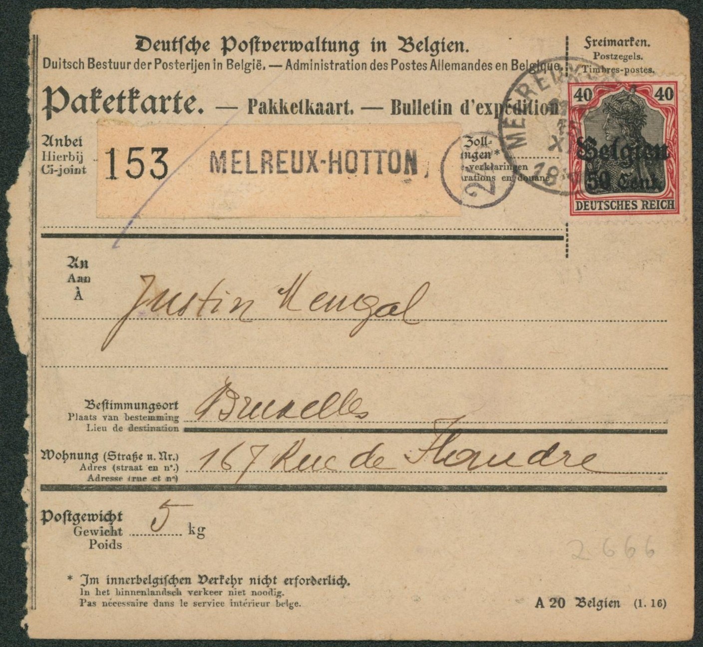 OC20 sur bulletin d'expédition de Melreux-hotton > Bruxelles. OC11 contre paiement de la taxe.