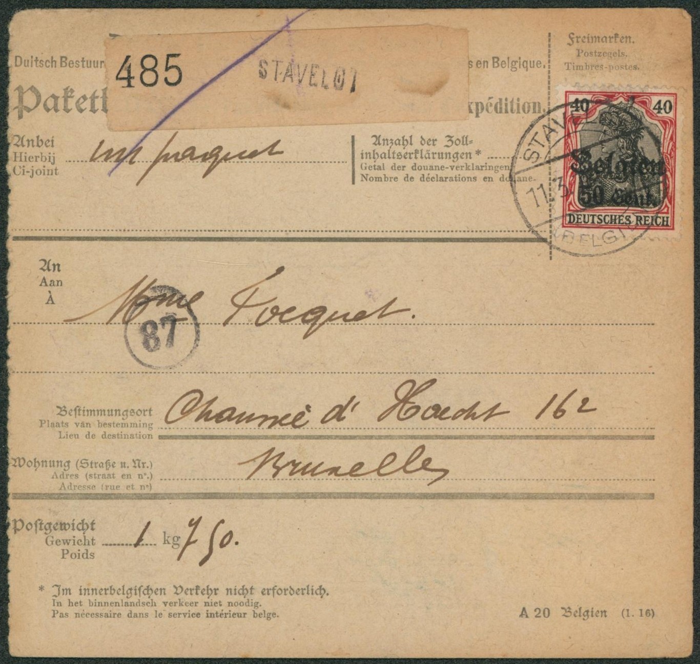 OC20 sur bulletin d'expédition de Stavelot > Bruxelles. OC11 contre paiement de la taxe.