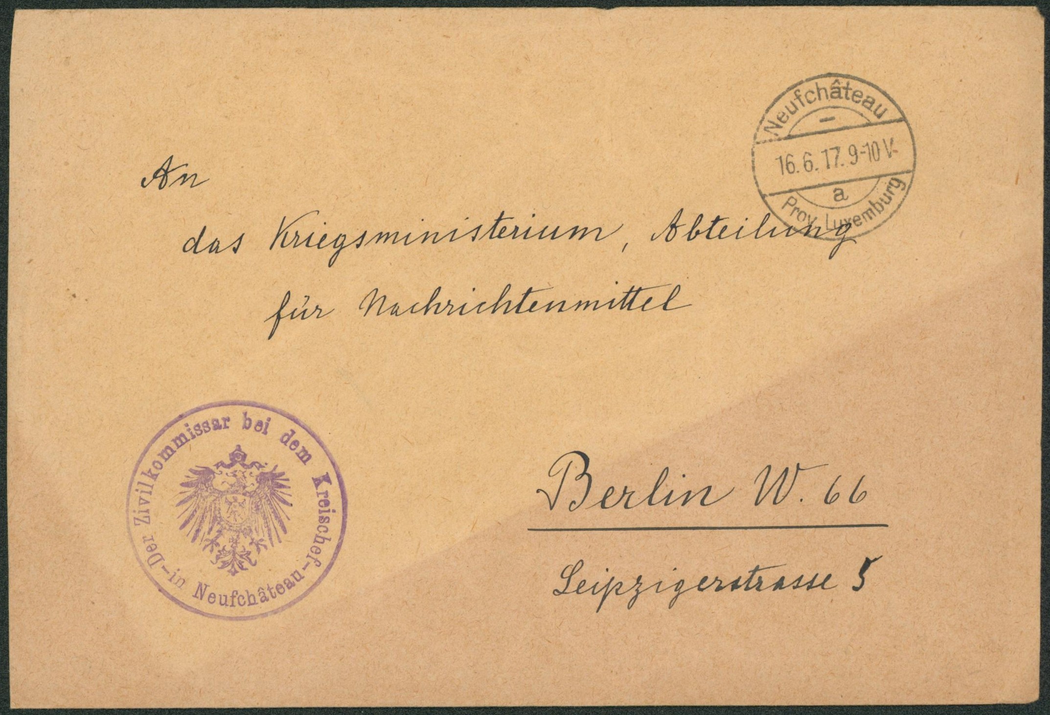 WWI (occupation allemande) - Lettre en franchise expédiée de Neufchateau + cachet avec armoirie "Der Zivilkommissar bei dem Kreischef" > Berlin