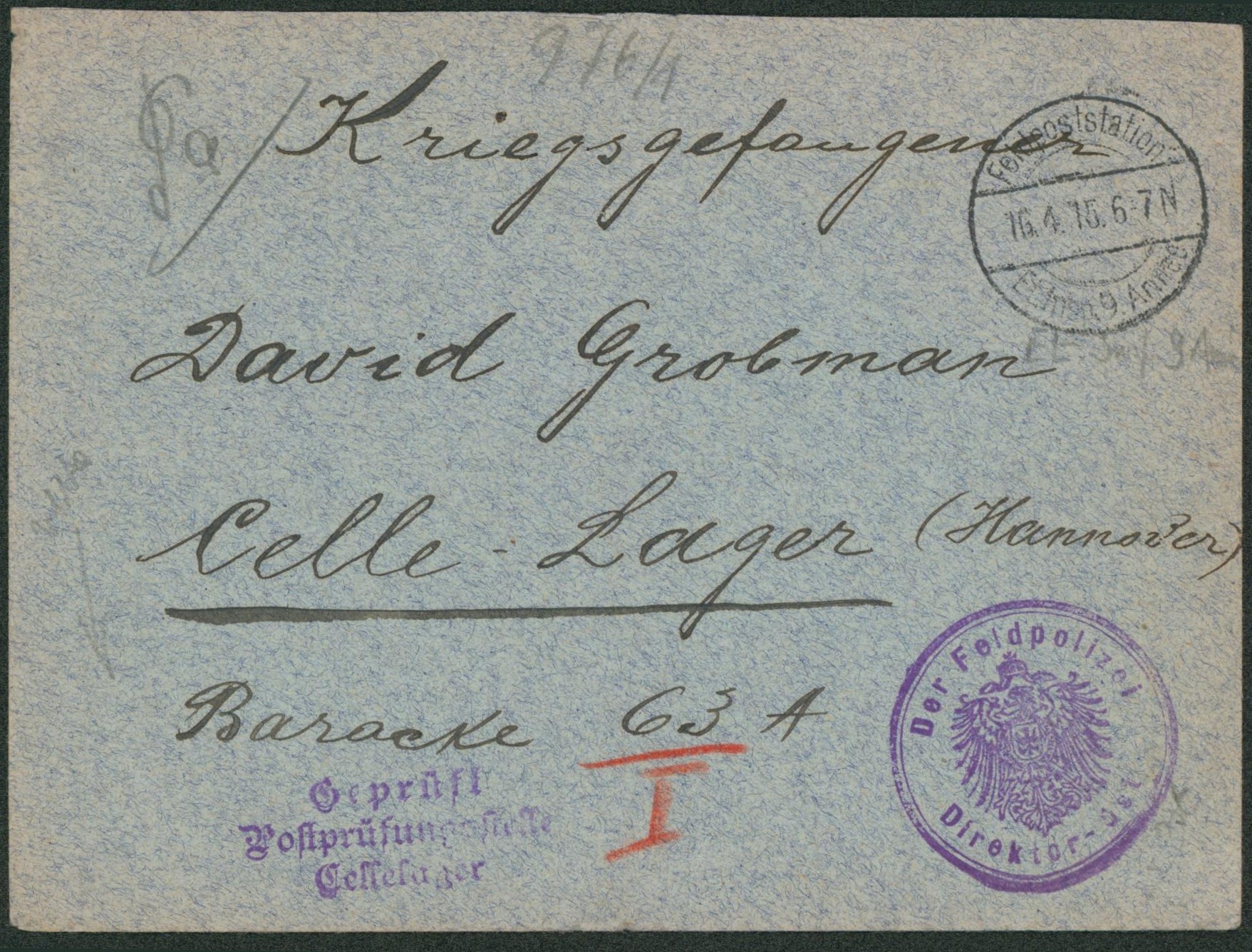 Lettre en feldpost (1915) "kriegsgefangener" > Celle-lager (hannover) + cachet avec armoirie "Der Feldpolizei"