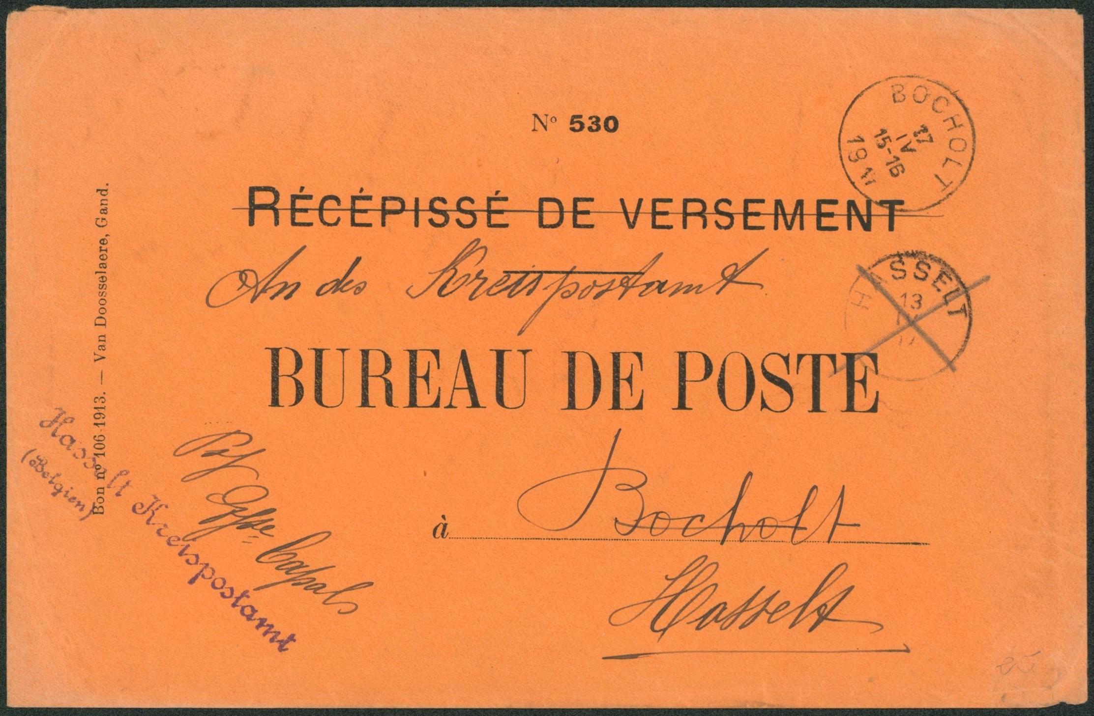 Lettre en franchise (récépissé de versement, corrigé par kreispostamt) de Hasselt > Bocholt
