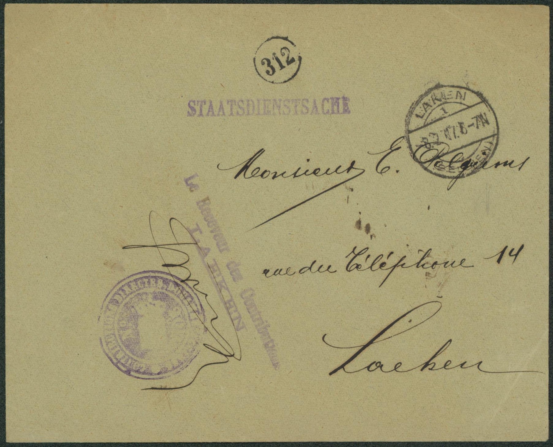 Lettre (staatsdienstsache, service d'état) de Laken > Laeken / cachet avec armoirie