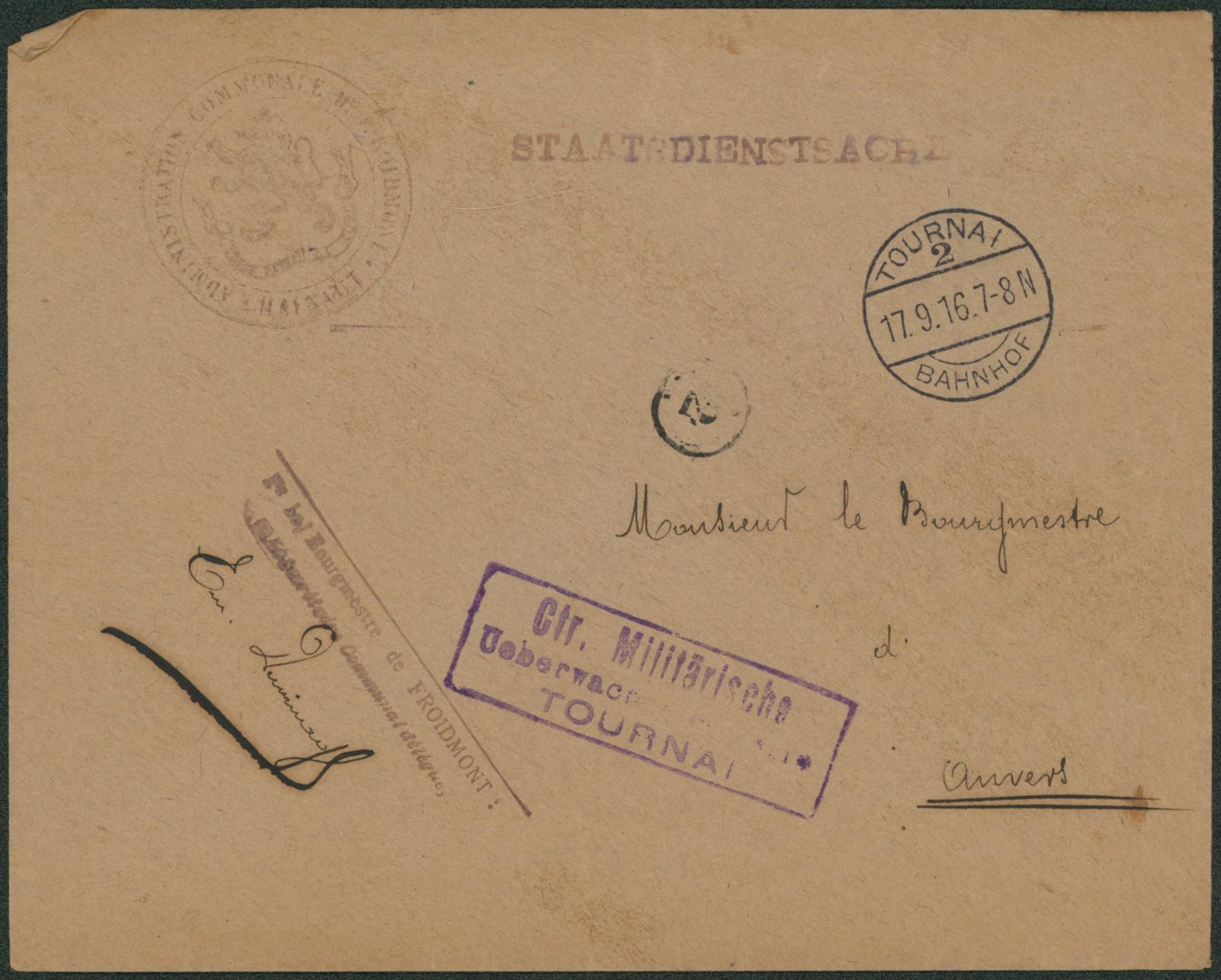 Lettre (staatsdienstsache, service d'état) de Tournai / 2 + censure  > Anvers.