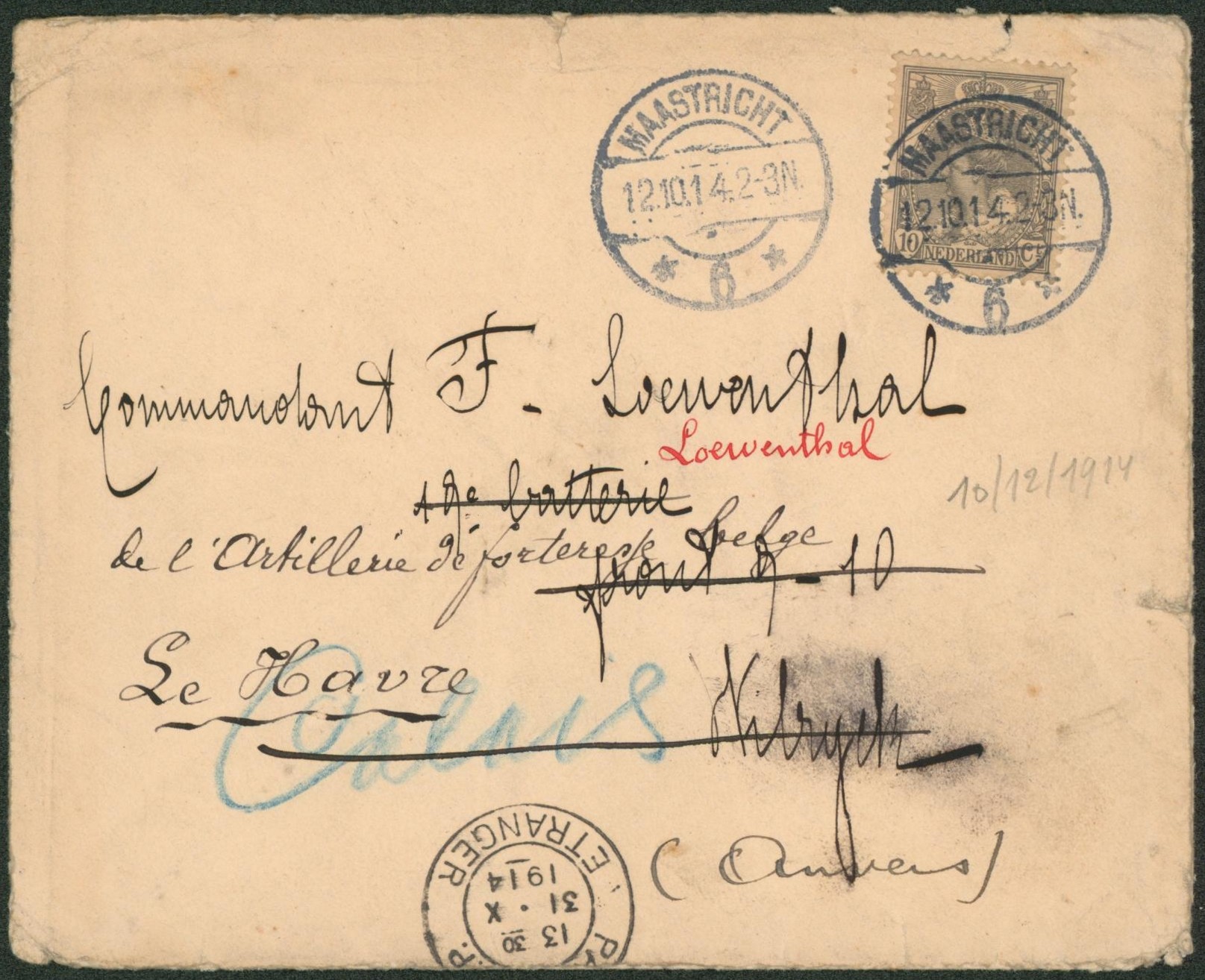 Pays-Bas - Yv n°53 sur lettre expédiée de Maastricht (1914) > Wilryck (front 10) obl P.M.B. redirigé vers le Havre.