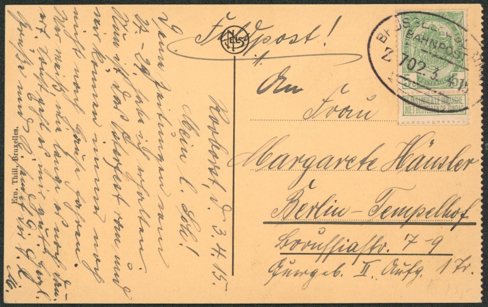 n°83 sur CP en feldpost + cachet ambulant bahnpost "Brussel-herbesthal" > Berlin