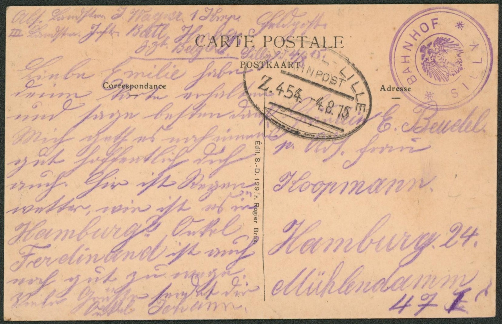 CP en feldpost + cachet ambulant bahnpost "Brussel-Lille" et cachet avec armoirie "Bahnhof / Silly" > Hamburg (Allemagne). TB