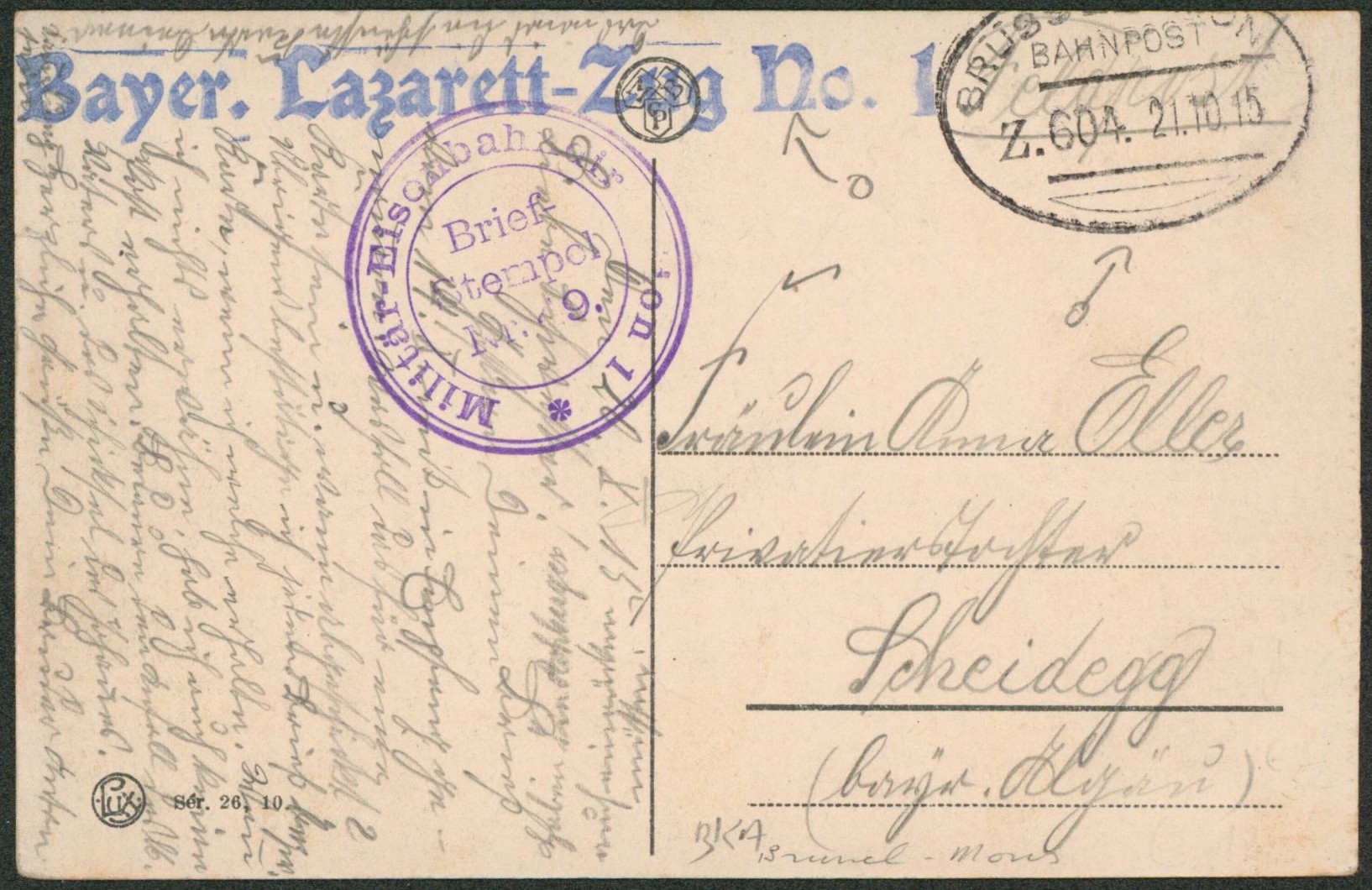 CP en feldpost + cachet ambulant bahnpost "Brussel-Mons", briefstempel et griffe Lazarett (hopital) > Scheidegg (Allemagne)
