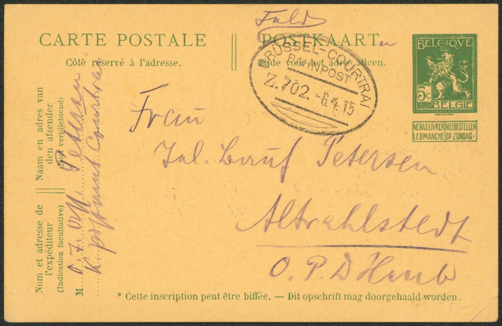 EP au type 5ctm vert Pellens utilisé en support (feldpost) + cachet ambulant bahnpost "Brussel-courtrai" > Allemagne.