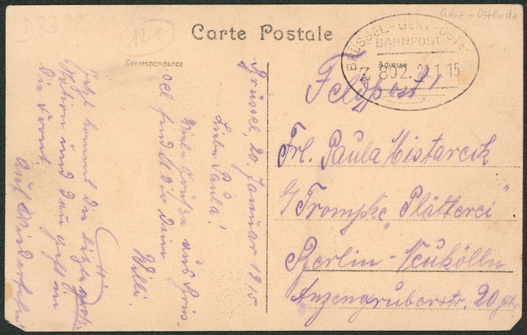 CP en feldpost + cachet ambulant bahnpost "Brussel-Gent-Ostende" > Berlin (Allemagne).