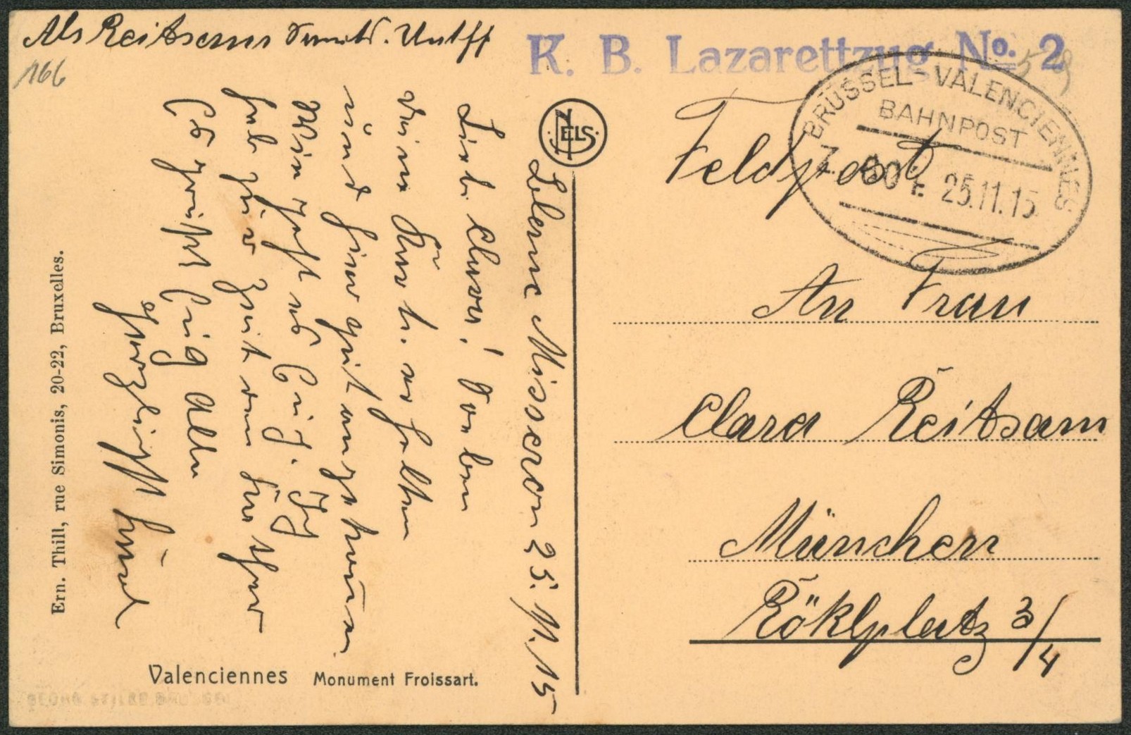 CP en feldpost + cachet ambulant bahnpost "Brussel-Valenciennes" et griffe violette Lazarettzug n°2 > Munchen (Allemagne).