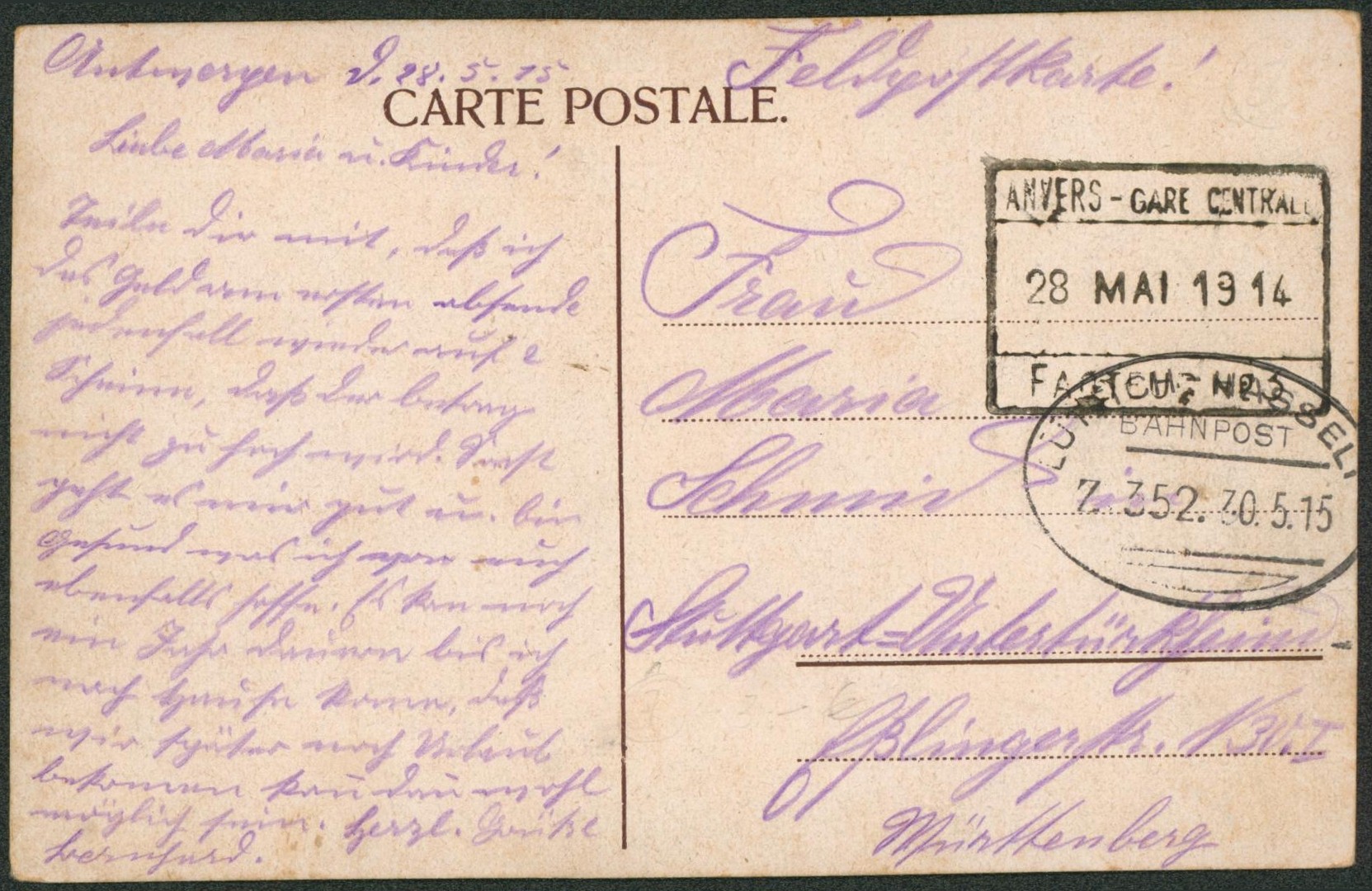 CP en felpost + cachet ambulant bahnpost "Luttich-Hasselt" et cachet chemin de fer "anvers (gare central)" > Allemagne