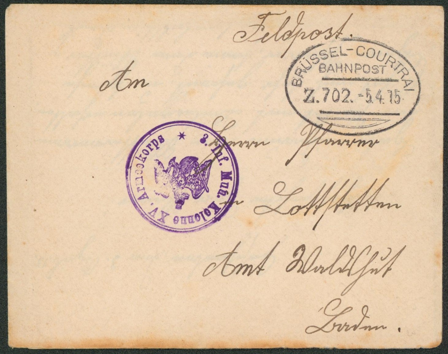 Lettre en feldpost + cachet ambulant bahnpost "Brussel-courtrai" et cachet de régiment > Allemagne