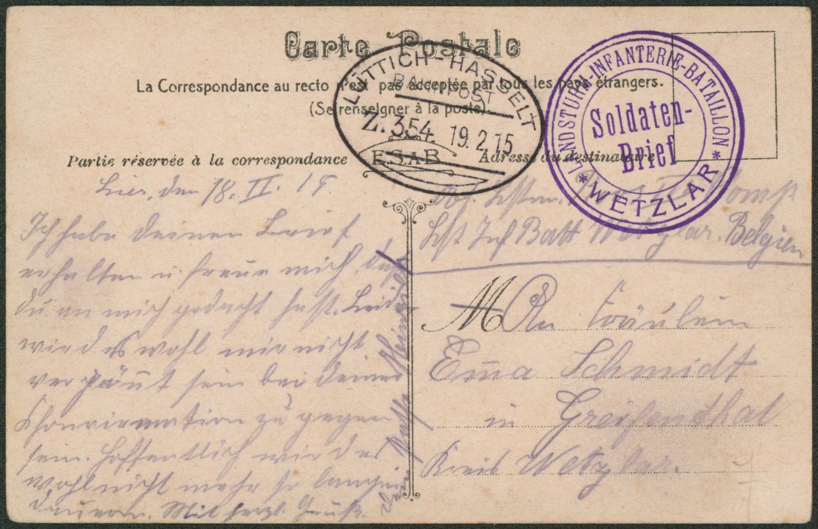 CP en feldpost + cachet ambulant bahnpost "Luttich-Hasselt" + briefstempel (Wetzlar) > Allemagne.