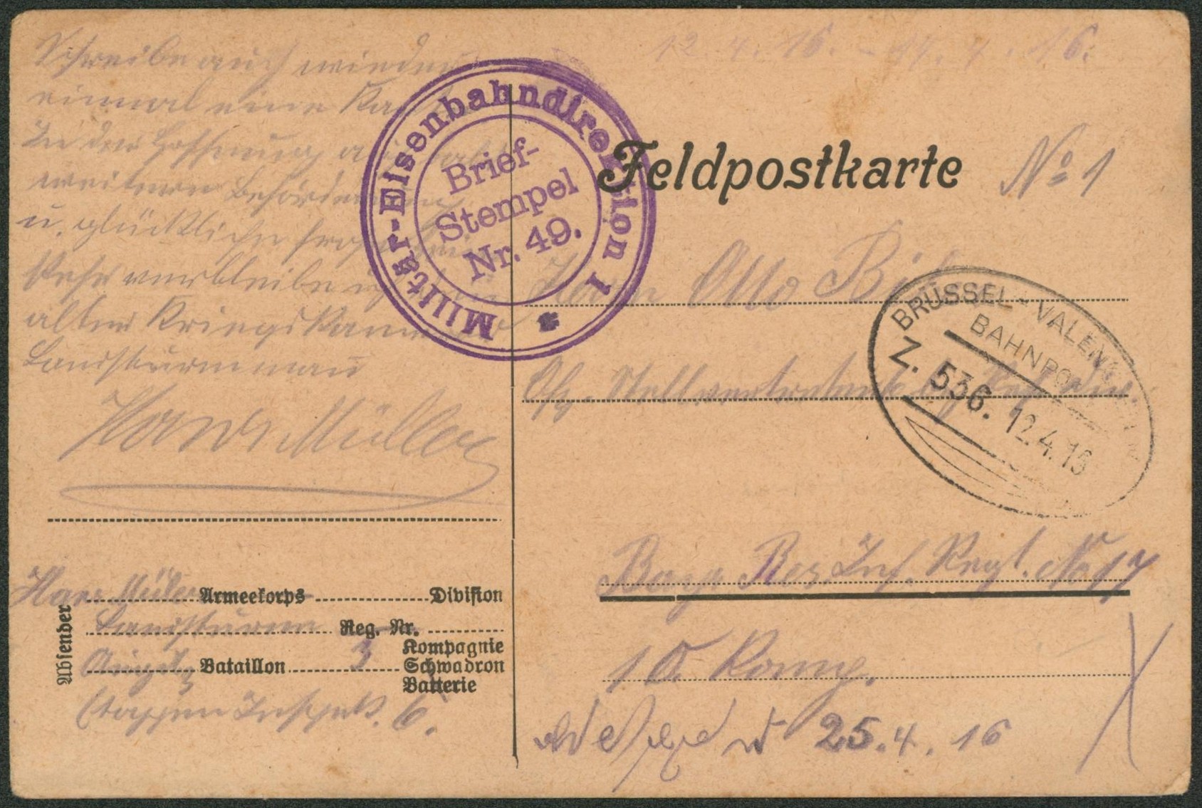 Feldpostkarte + cachet ambulant bahnpost "Brussel-Valenciennes" + briefstempel > Allemagne.