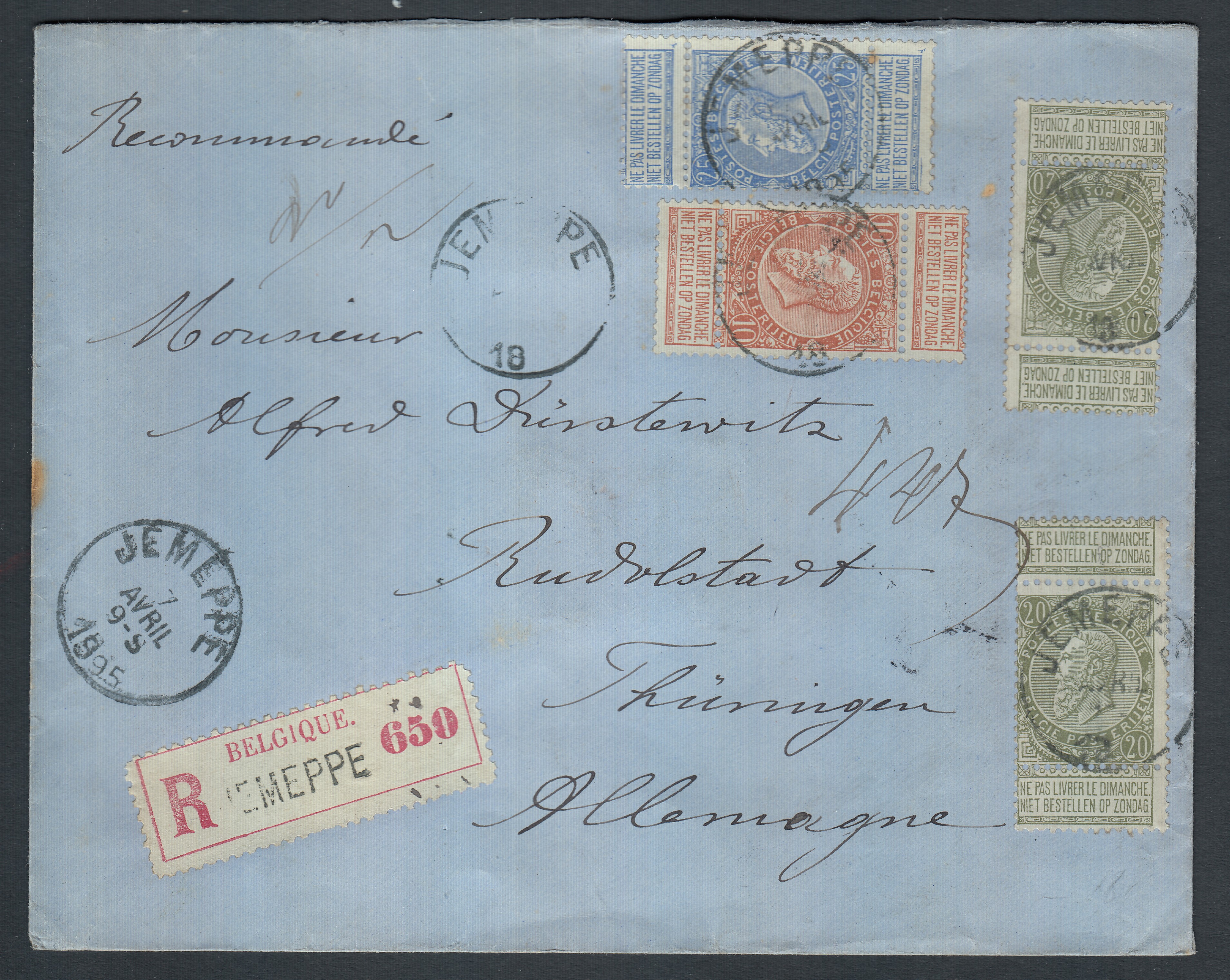 57 +60 +61 x2 sur lettre en recommandé de Jemeppe le 7 avril 1895 vers Thuringen, Allemagne. Càd au verso.