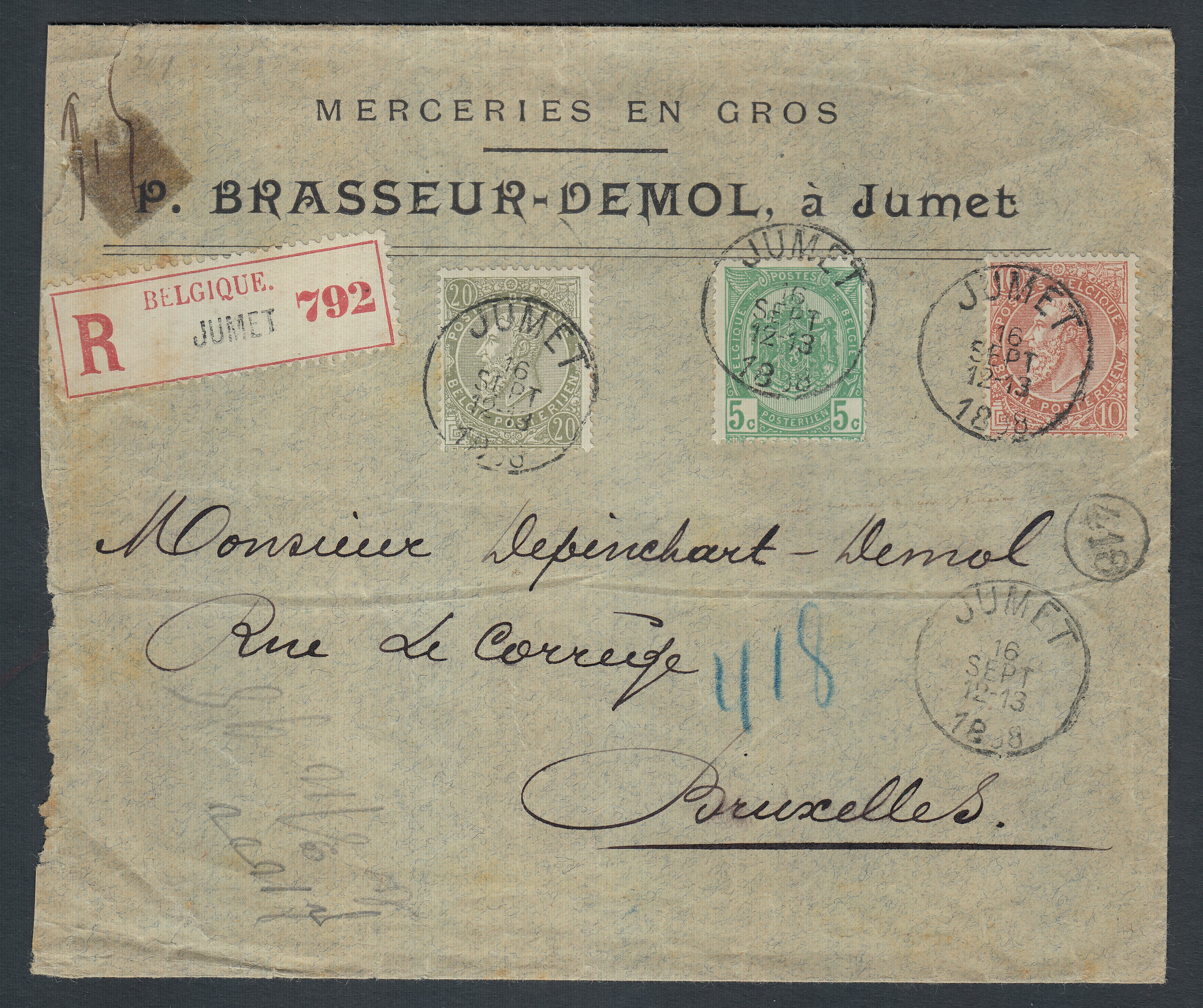 54 +57 +59 sur lettre en recommandé de Jumet le 16 sept.1898 vers BXL. Càd ( BXL reception) au verso.