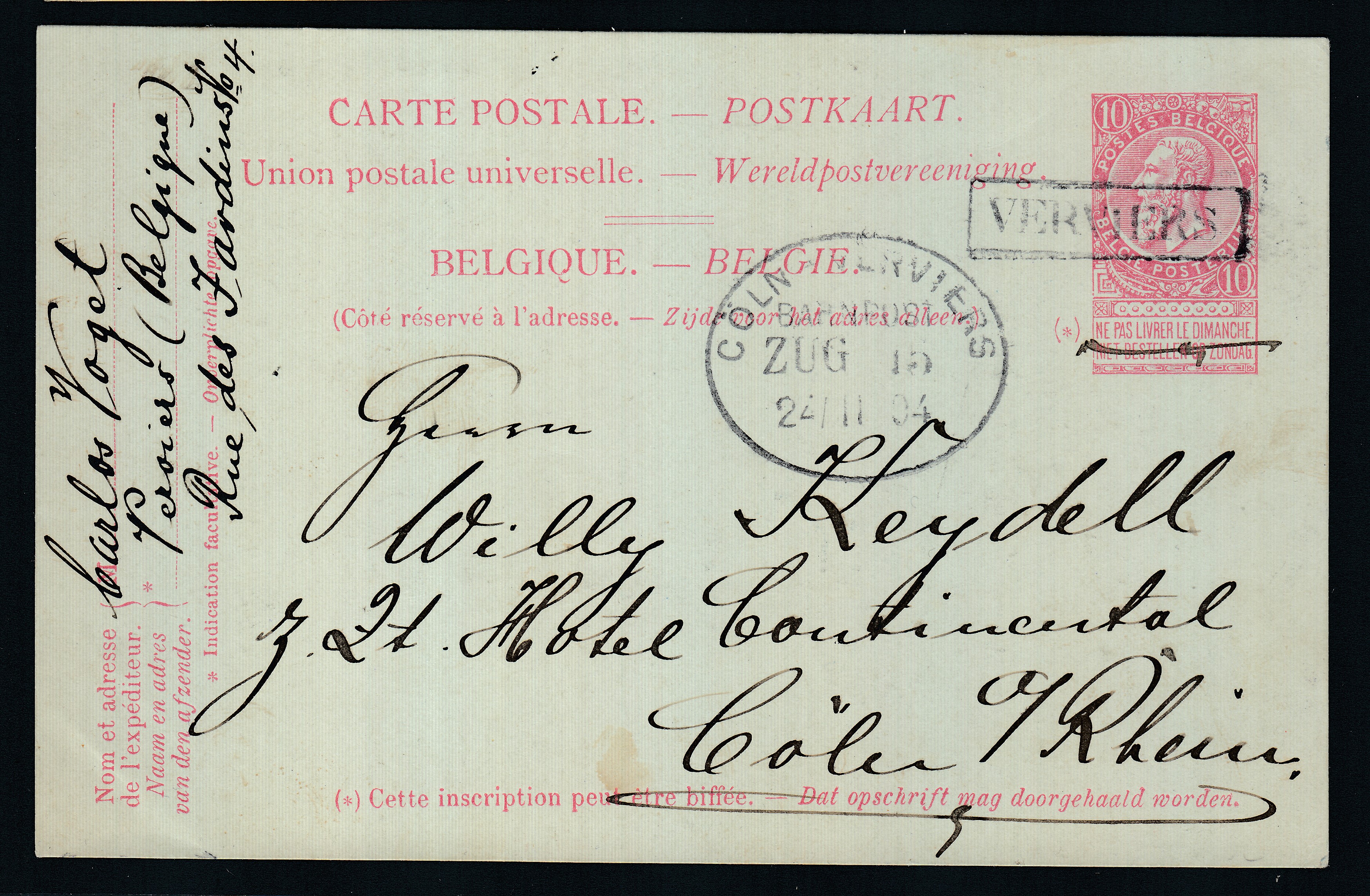 Ep10c type « Fine Barbe -Tp 58 » de Verviers ( Griffe encadrée) par l'Ambt allemand Coln-Verviers le 24.II.1904 vers Cologne.
