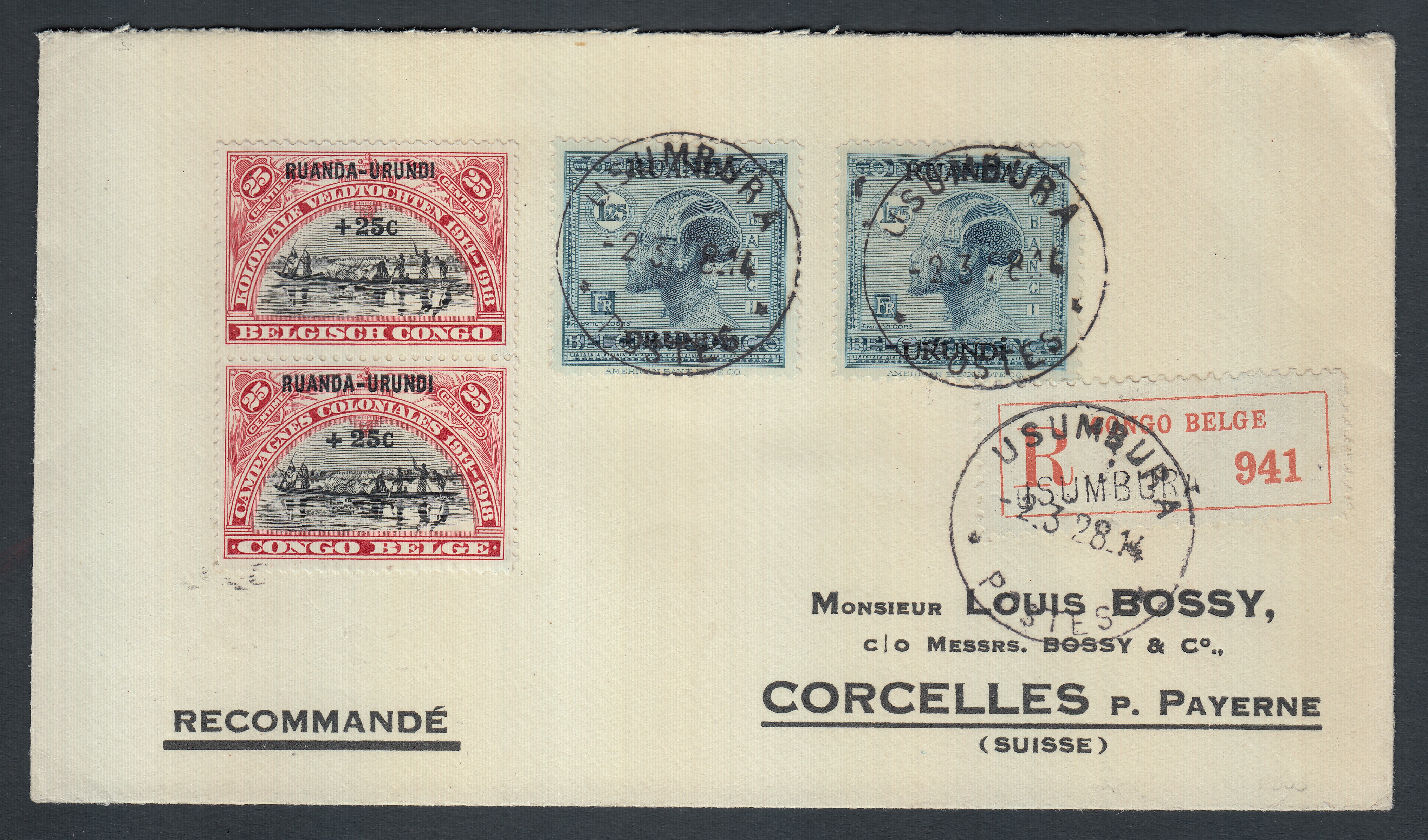 Ruanda-Urundi : 73 x2 +77/78 sur lettre en recommandé d'Usumbura le 2.3.1928 vers Corcelles, Suisse. Càd au verso.