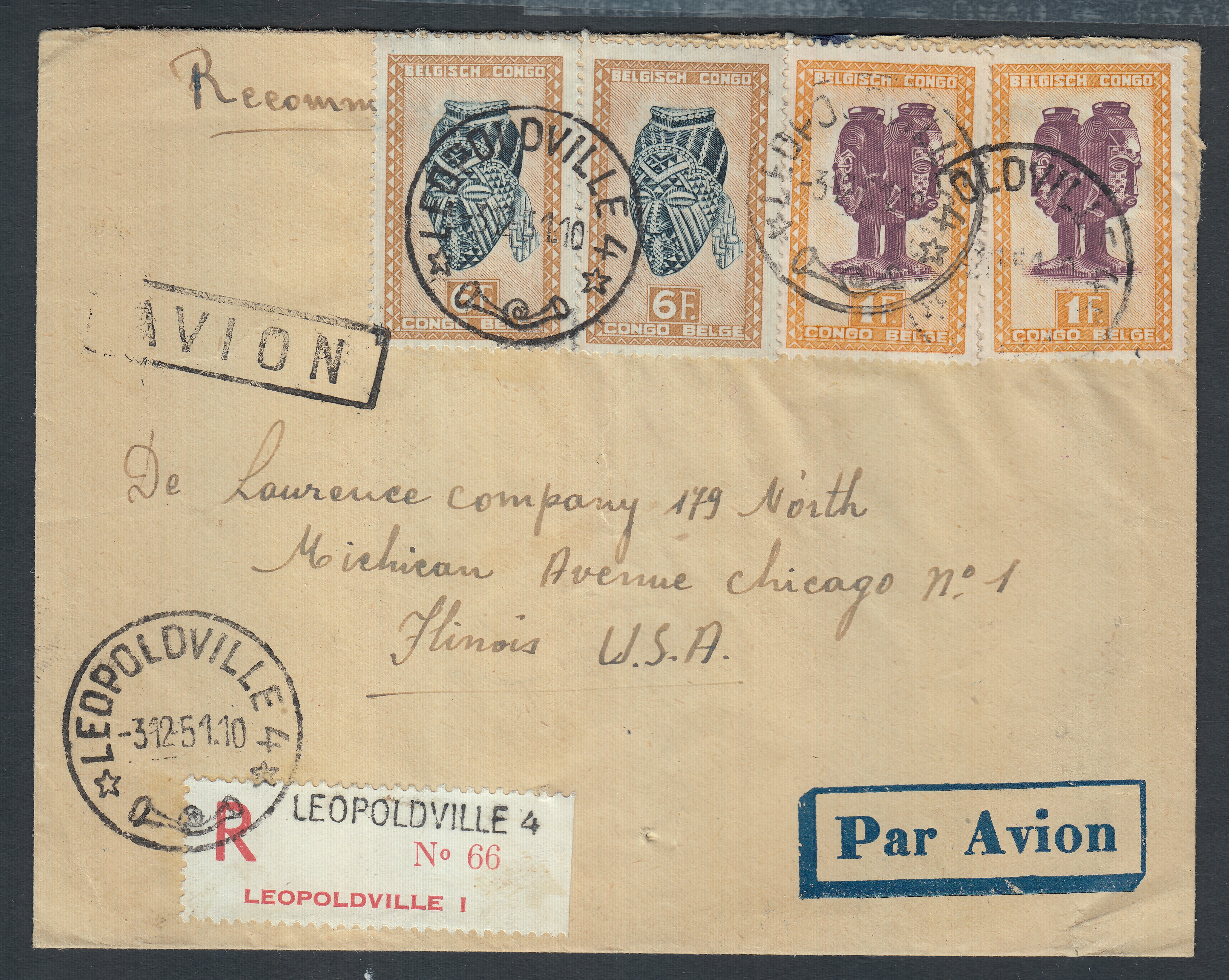 285 x2 +291 x2 sur lettre en recommandé par avion de Léopoldville le 3.12.1951 vers Chicago, USA. Càd au verso.