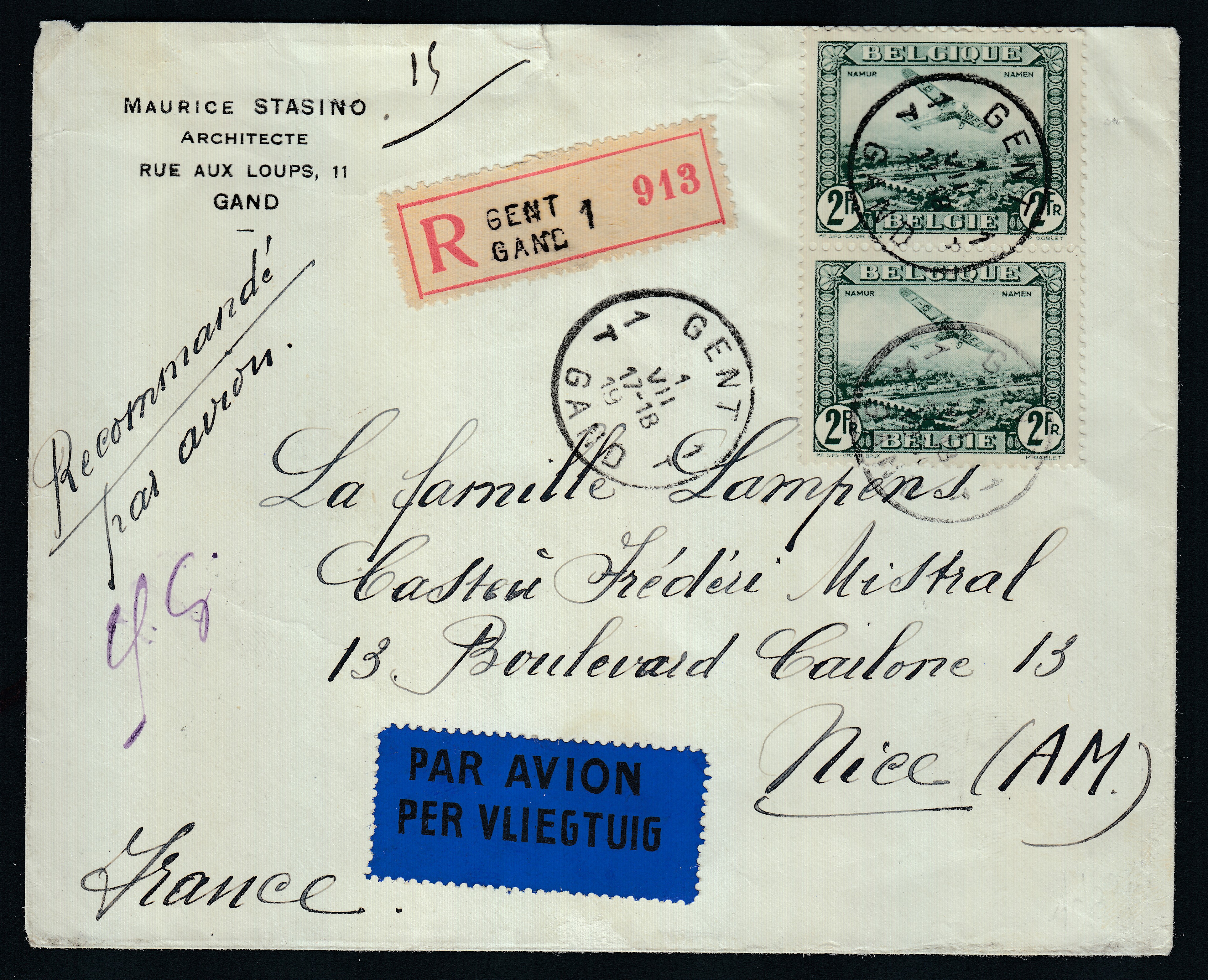Pa3 en paire verticale sur lettre en recommandé par avion de Gand le 1.VII.1930 vers Nice. Càd au verso.