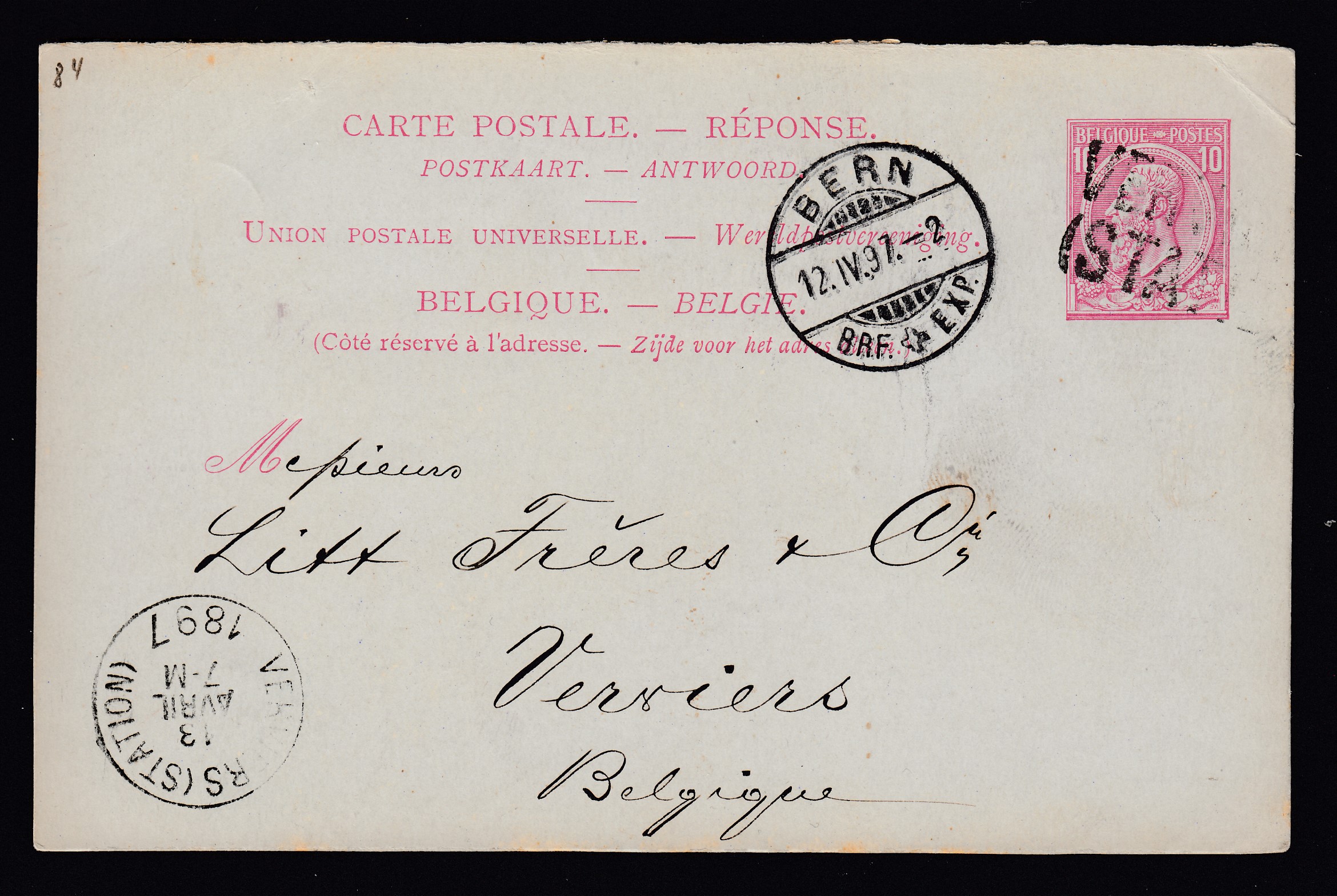 Ep10c typeTp 45 ( Partie réponse) de Bern en Suisse le 12.IV.1897 vers Verviers. Tp Annulé par griffe VERVIERS (STATION) à l'arrivée.